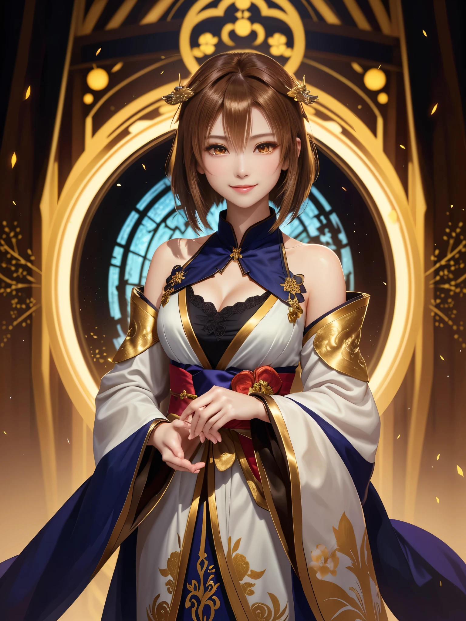 masterpiece , best quality,smile,smile,small face,shoulder exposure,golden kimono,less cleavage exposure,light brown hair,beautifully curled hair,slender body shape,brown eyes,Contrast faithfully reproduced,short hair,Beautiful short hair,adult,Berry Short,short cut hair,just one person,precision quality,A faithful reproduction of the human eye, The surroundings are shining gold,golden aura around the body,golden shining background,masterpiece,night,nightの背景,golden background,cherry blossom background,beautiful details, colorful, delicate details, delicate lips, intricate details, genuine, ultrargenuineista, 枝に座っている色とりどりの髪のFoxを持つ女の子:Mature, bright eyes, ,色とりどりのFox, raposa de nine tails, 三尾Fox, 三尾Fox, onmyoji detail art, beautiful fine art illustration, mythical creatures, Fox, beautiful digital art,shrine maiden,hold hands,exquisite digital illustration, mizutsune, Inspired by mythical wild web creatures, pixiv in digital art, shining light, high contrast, Mysterious,