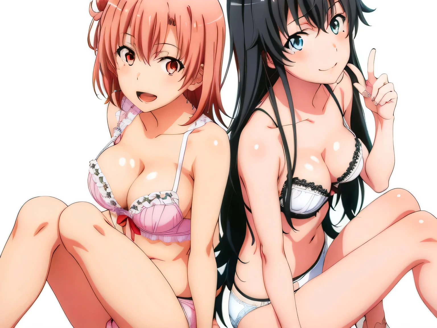 2 girls , Yukinoshita Yukino , Yuigahama Yui has a wonderful bust and beautiful ,In underwear,white silk panties,lk panties,thighs,alf,high angle,beautiful eyes,open mouth smile,look at the camera