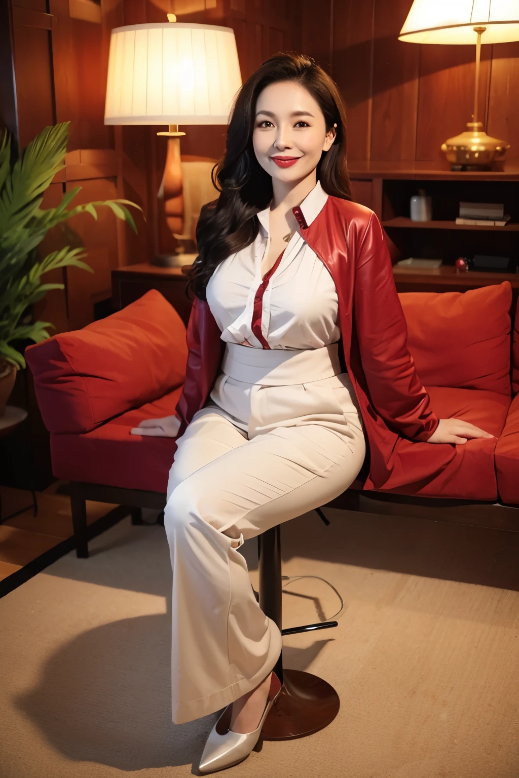 Draw lips correctly, red lipstick, from chest up, best quality, Super detailed, lifelike, Super fine skin, perfect anatomy, (Asian working women), (alone),wear a shirt,long sleeves,Pants,wavy long hair,37-year-old female,Mature,charming smile,indoor background,stand,Leg length,Chubby,Big breasts,stand up,full-body shot
