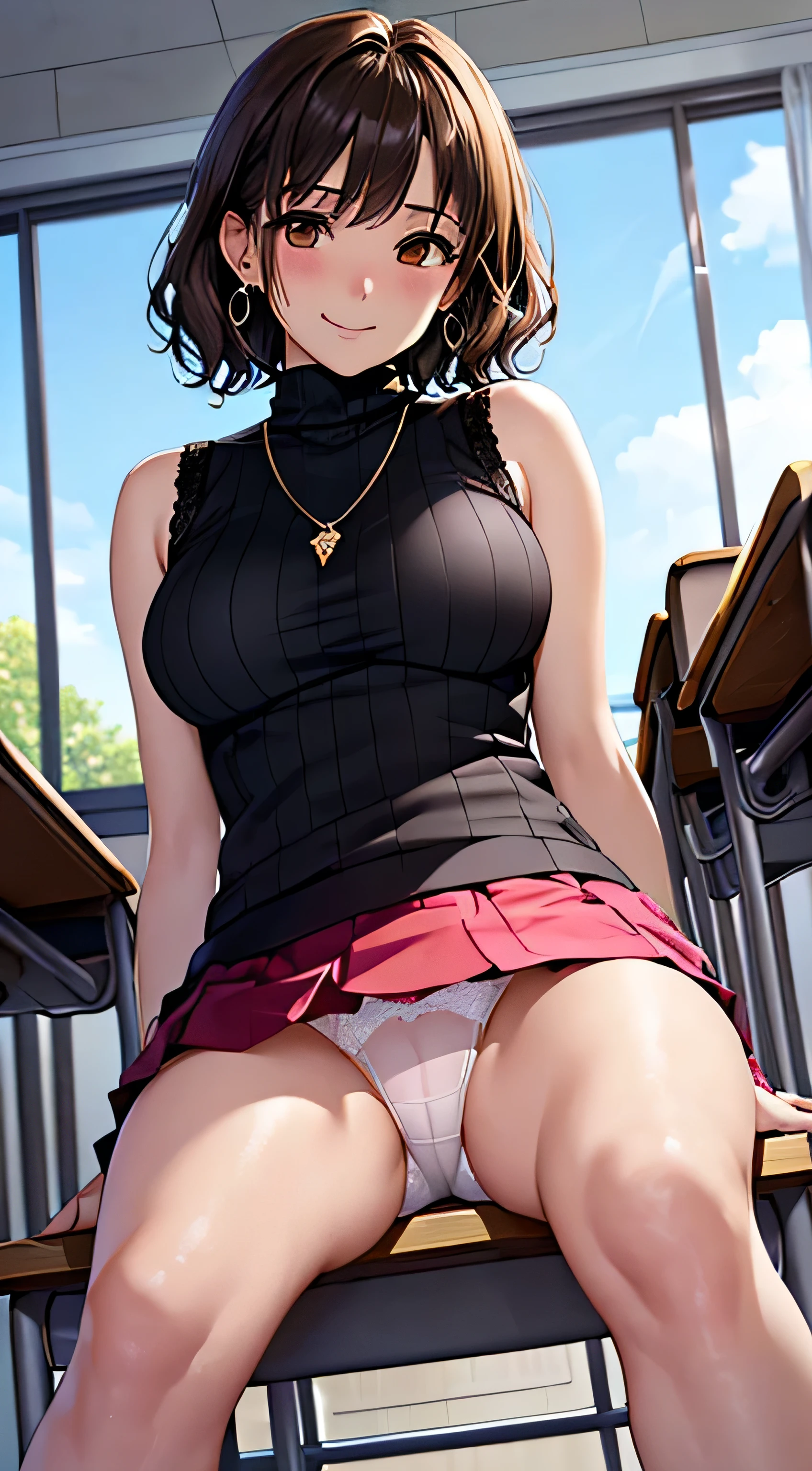 (table top, highest quality, High resolution, , perfect pixel, 4k,), 1 girl, single, alone, Beautiful woman、I could see the whole body、 ((wavy short hair, bangs, brown hair)), ((brown eyes, beautiful eyelashes, realistic eyes)), ((detailed face, blush:1.2)), ((smooth texture:0.75, realistic texture:0.65, realistic:1.1, Anime CG style)), medium breasts, dynamic angle, perfect body, ((, female teacher, , earrings、necklace、Sleeveless Turtleneck Sweater、Middle flared skirt、black knee high stockings、open both legs wide、、shy smile、sit at a desk in the classroom、touch your chest with both hands)), Upper grade、、、evening、、(You can see the white and pink lace panties、、、angle from below)、