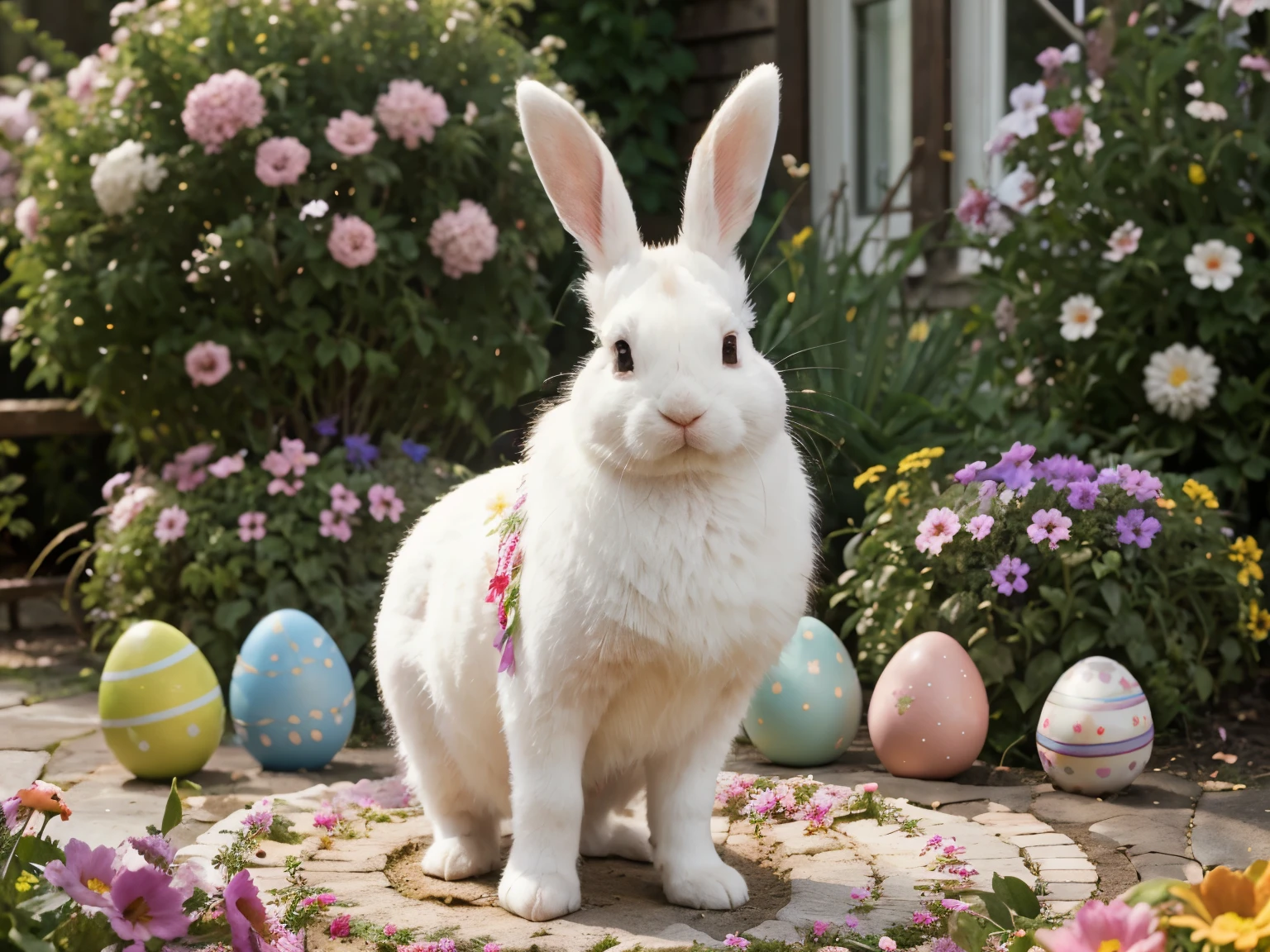 (masterpiece 1:2, ultra-detailed), An Easter feature with a high resolution 4k/8k quality and ultra-detailed depiction. The centerpiece of the image is a fluffy bunny dressed in an elegant gentleman suit. The bunny's suit is made of high-quality materials and has intricate details, showcasing the craftsmanship and attention to detail. The bunny stands in a vibrant garden filled with colorful Easter eggs. The eggs are beautifully decorated with various patterns and designs. The garden is lush and filled with blooming flowers, creating a visually stunning and appealing environment. The colors of the image are vivid and vibrant, emphasizing the joyful and festive atmosphere of Easter. The lighting in the scene is soft and warm, casting a gentle glow on the bunny and the surrounding elements.