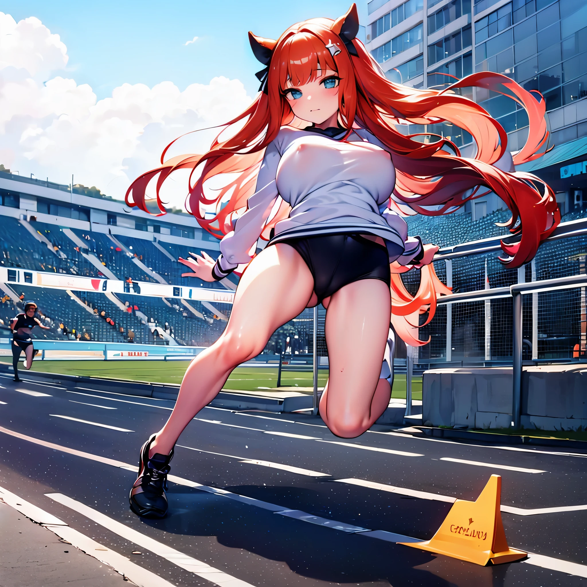 (1 Silence Suzuka running at field), uma-musume, (solo:1.3), orange long hair, (bouncing unaligned huge breasts:1.3), white gym uniform, (tight short black brm:1.8), (cameltoe), (skinny:1.2), (bared skinny long legs:1.4), skinny hip, (masterpiece), (perfect anatomy), (nsfw:0.3), orgasm