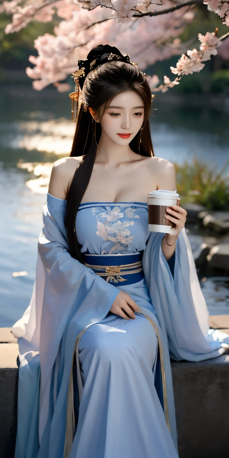 The viewer’s perspective is from above,masterpiece,real photos，(solo) Real light and shadow，Backlight，Contour light，Shallow depth of field。night time,A beautiful Chinese woman with long reddish-brown hair is sitting by the hot spring water and holding a large cup of Starbucks coffee,looking into camera, Wearing red gorgeous Hanfu，The moonlight shines through her clothes onto her skin，Fireworks are set off by the lake with a full moon in the background，Surrounded by cherry blossom trees，The petals are scattered in the air and on the ground in the wind，Fireflies flying everywhere