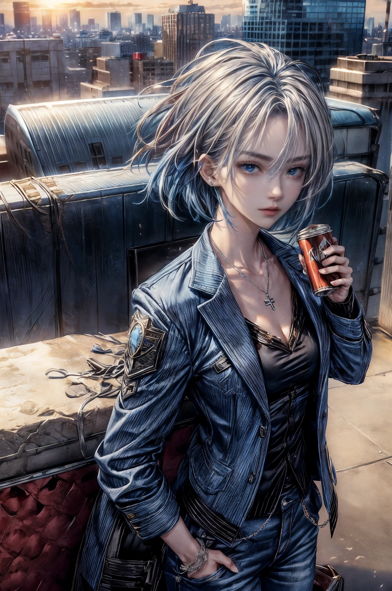 cinematic lighting、highest quality,A bright cyberpunk world、1 female、(20 year old beautiful woman with blue hair、Detailed beautiful facial 、short hair、shoulder length hair、blue eyes:1.4)break,messy hair、medium hair、((Overall vivid BLUE hair color:2.0))
break(hair all blue:1.5)
(Perfectly tailored black jacket、black trousers:1.3), (white stand collar shirt👔、Silver Cross necklace:1.3)、break.
(Stylish, modern office style、A bright rooftop、Early morning with a beautiful sunrise、office building rooftop fence:1.2)(Very beautiful and perfect feet holding canned coffee in hand:1.2)break(full body)BREAK.