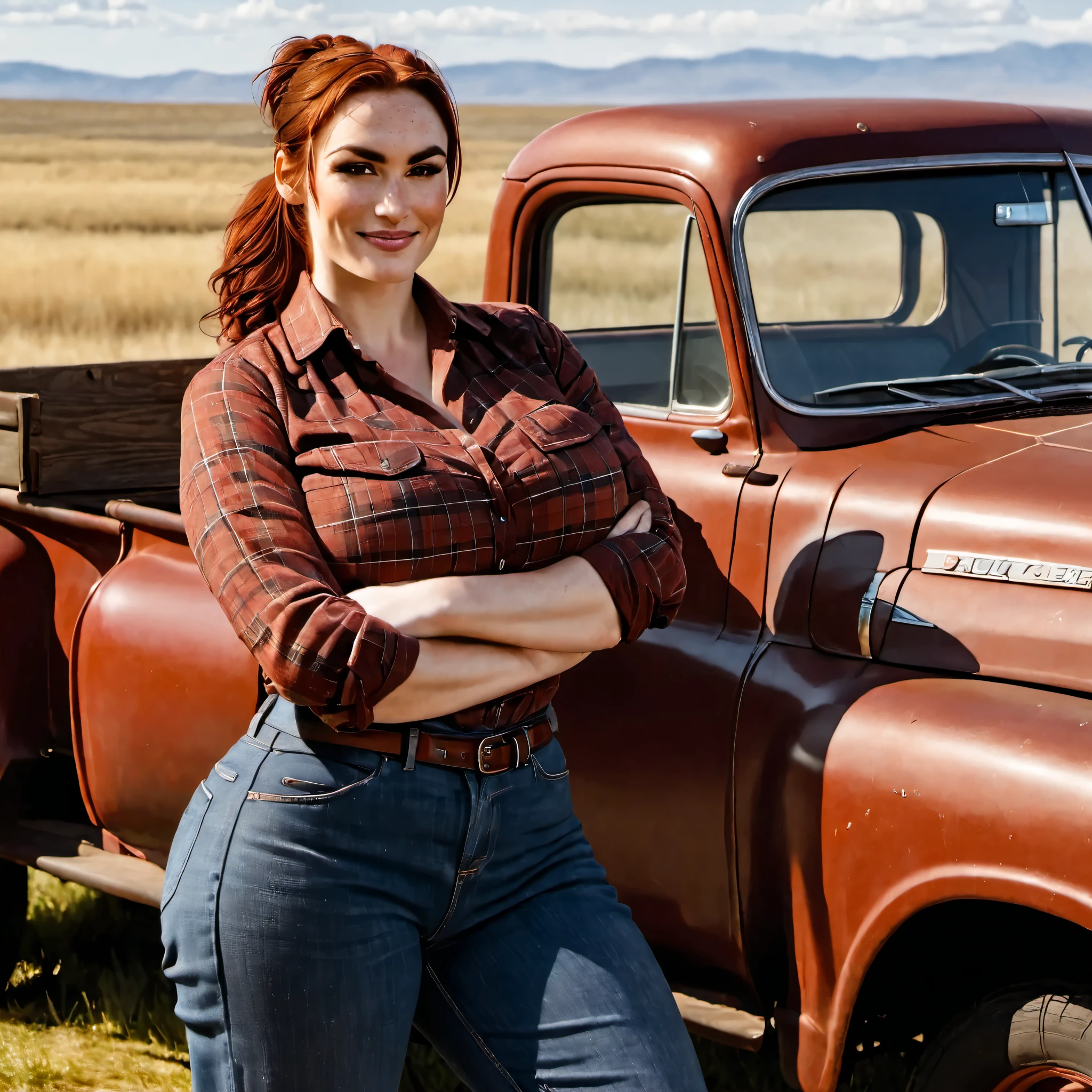 (photorealistic) a beautiful 35-year old scottish woman is posing next to an old red pick-up truck. She leans against the fender, her arms crossed. She is wearing a brown flanel shirt and a pair of dirty jeans, working gloves. The car is driving across the American prairie. She has brownish-red hair, hair in a ponytail. smirk on her face. pale skin and (freckles). (black eyebrows), (strong eyebrows), (high cheekbones), (brown eyes), (downturned eyes), (voluptuous), (huge breasts), motherly, plump
