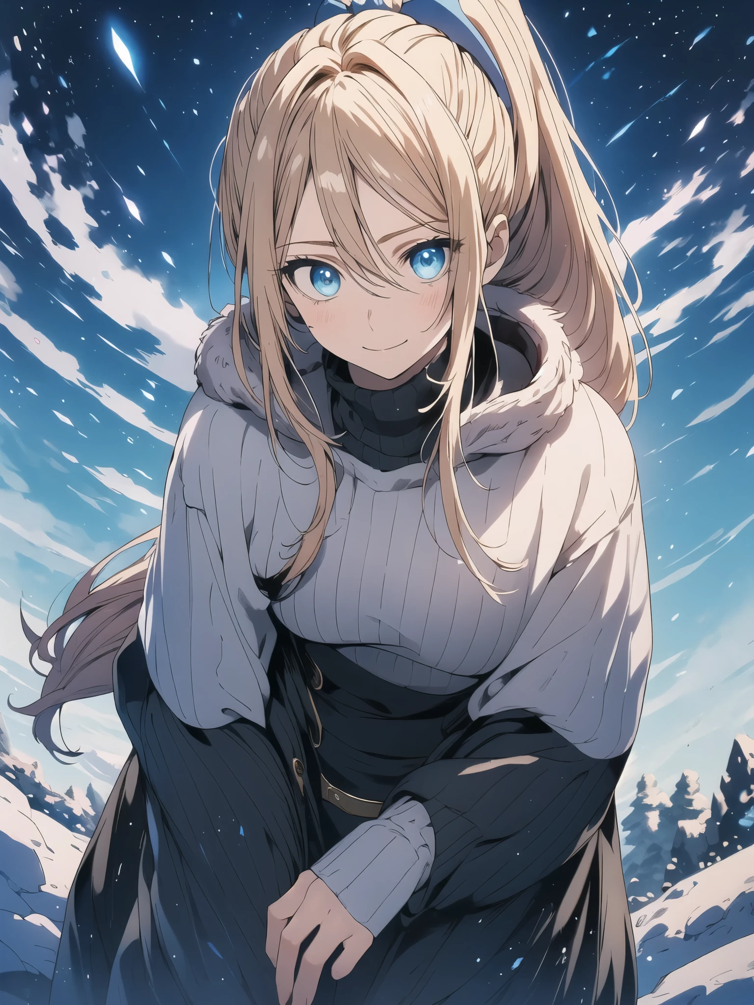 blue coat, fur trim cape, gloves,belly button,crop top, sweater, turtleneck, midi skirt hair ornament, bangs, blonde hair,hair between eyes,blue eyes,long hair,ponytail（1.2）、(((ponytail)))、long hair, blue eyes, hair between eyes, break skirt, shirt,Whiteroom、white snow day、destroy bedroom (masterpiece:1.2), highest quality, High resolution, unity 8k wallpaper, (figure:0.8), (detailed and beautiful eyes:1.6), highly detailed face, perfect lighting, Very detailed CG, (perfect hands, perfect anatomy)、yoga pose、Warm look、blush、dancer、smile、Smile、show your teeth、open your mouth、(((fantastic scenery)))、A skyscape inspired by artists（1.2）、snow scene