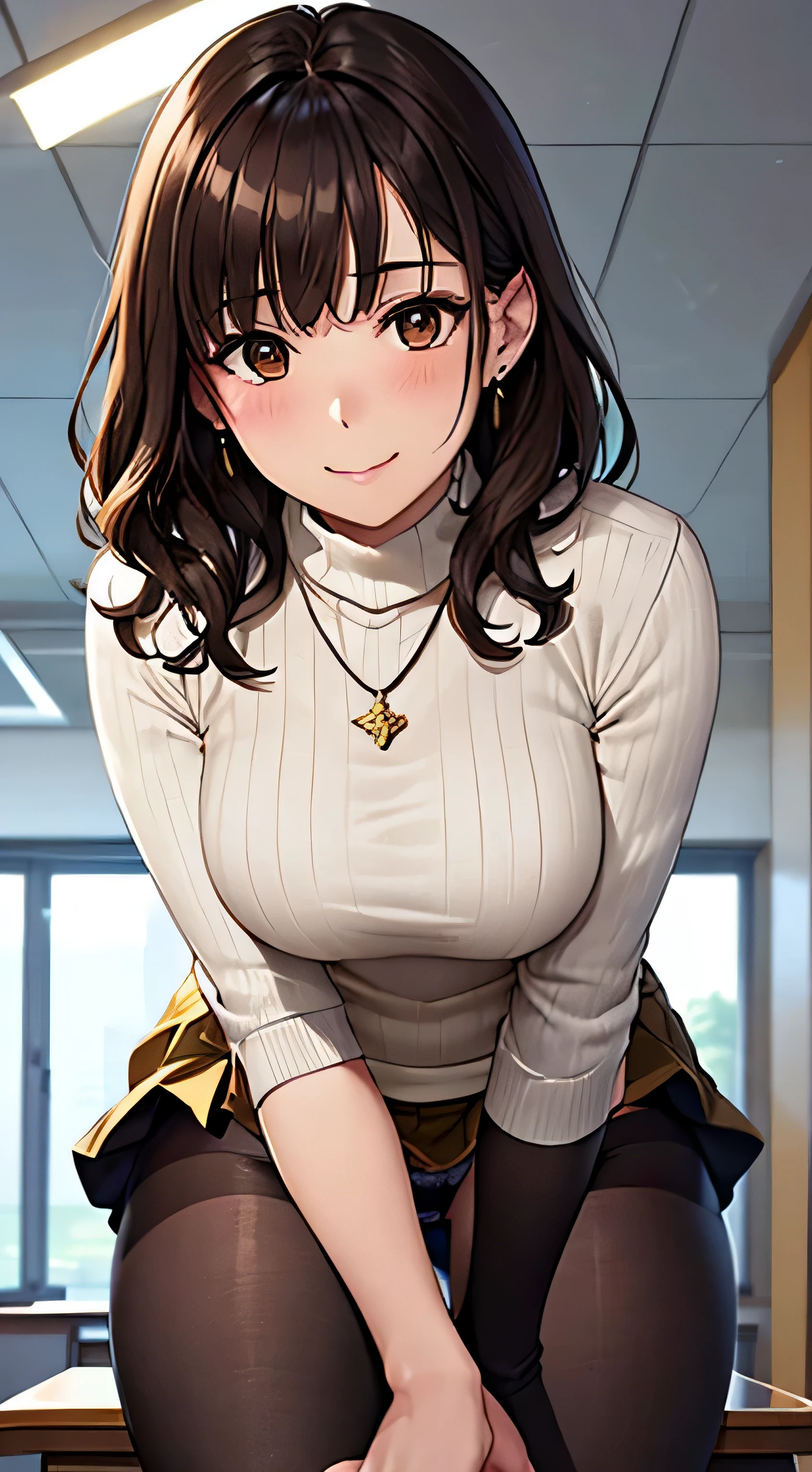 (table top, highest quality, High resolution, , perfect pixel, 4k,), 1 girl, single, alone, Beautiful woman、I could see the whole body、 ((wavy mid-length hair, bangs, brown hair)), ((brown eyes, beautiful eyelashes, realistic eyes)), ((detailed face, blush:1.2)), ((smooth texture:0.75, realistic texture:0.65, realistic:1.1, Anime CG style)), medium breasts, dynamic angle, perfect body, ((, female teacher, , earrings、necklace、turtleneck sweater、Middle flared skirt、black knee high stockings、open both legs wide、leaning forward、shy smile、sit at a desk in the classroom、put your hands on the desk、)), Upper grade、、、evening、、(You can see the blue and white lace panties、、(、)、angle from below)、