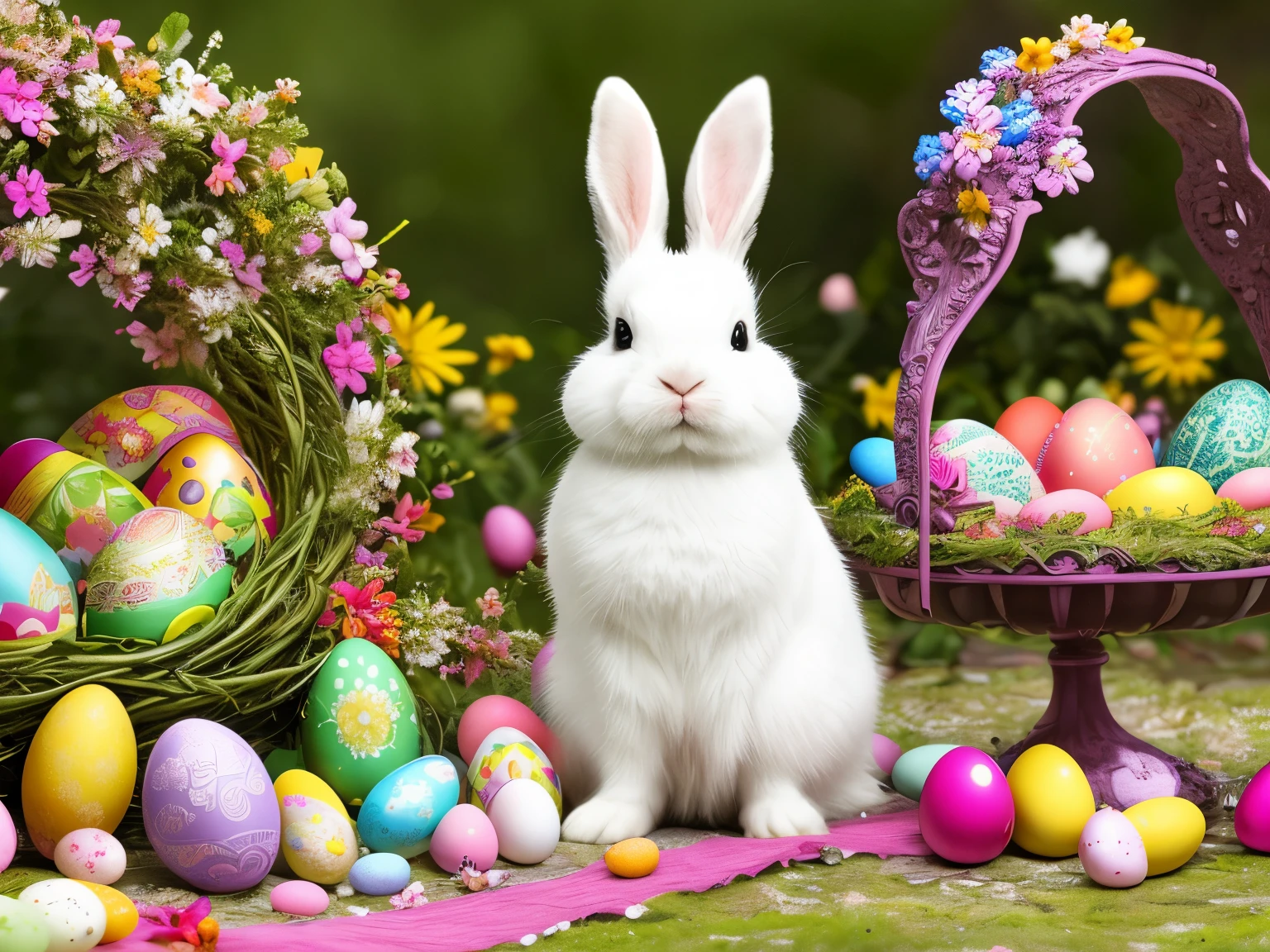 (masterpiece 1:2, ultra-detailed), An Easter feature with a high resolution 4k/8k quality and ultra-detailed depiction. The centerpiece of the image is a fluffy bunny dressed in an elegant gentleman suit. The bunny's suit is made of high-quality materials and has intricate details, showcasing the craftsmanship and attention to detail. The bunny stands in a vibrant garden filled with colorful Easter eggs. The eggs are beautifully decorated with various patterns and designs. The garden is lush and filled with blooming flowers, creating a visually stunning and appealing environment. The colors of the image are vivid and vibrant, emphasizing the joyful and festive atmosphere of Easter. The lighting in the scene is soft and warm, casting a gentle glow on the bunny and the surrounding elements.