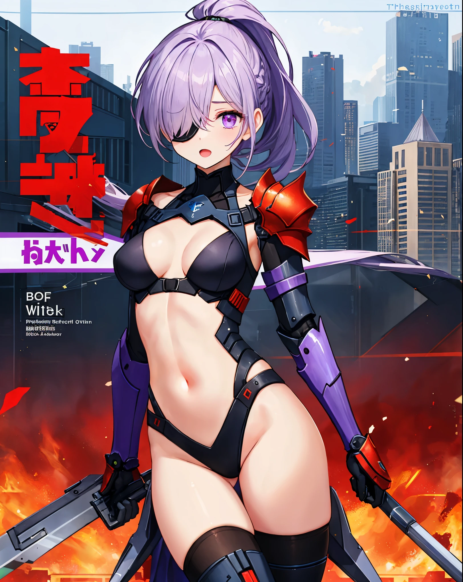 ,1girl,(:1.5), (short_ponytail:1.3), (light_whitish_purple_hair:1.3),black_mechanical_armor,white_breasts_parts_red_black_body_suit,bare_shoulder,bare_slender_thighs,medium_breasts,city_background,Stinging_eyes,sleepy,thighhigh_greaves,gauntlets,dynamic_posing,bare_frank,metal_red_parts_armor,red_eye,solo,
fists,hold_weapon,glare,navel,large_mechanical_parts,happy,waist_armor,open_mouth,rise_legs,apart_legs, (covered_navel:1.3),(very_long_bangs:1.3), (hair_over_one_eye:1.5),(long_bang_covers_right_half_of_face:1.5),
(covered_pussy:1.1),covered_breasts,fighting,