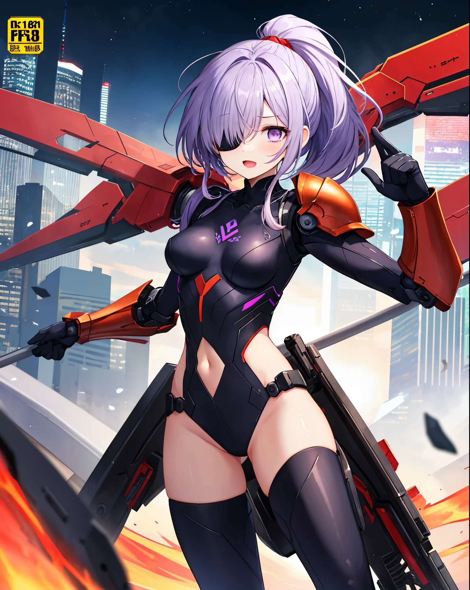 ,1girl,(teen:1.5), (short_ponytail:1.3), (light_whitish_purple_hair:1.3),black_mechanical_armor,white_breasts_parts_red_black_body_suit,bare_shoulder,bare_slender_thighs,medium_breasts,city_background,Stinging_eyes,sleepy,thighhigh_greaves,gauntlets,dynamic_posing,bare_frank,metal_red_parts_armor,red_eye,solo,
fists,hold_weapon,glare,navel,large_mechanical_parts,happy,waist_armor,open_mouth,rise_legs,apart_legs, (covered_navel:1.3),(very_long_bangs:1.3), (hair_over_one_eye:1.5),(long_bang_covers_right_half_of_face:1.5),
(covered_pussy:1.1),covered_breasts,fighting,