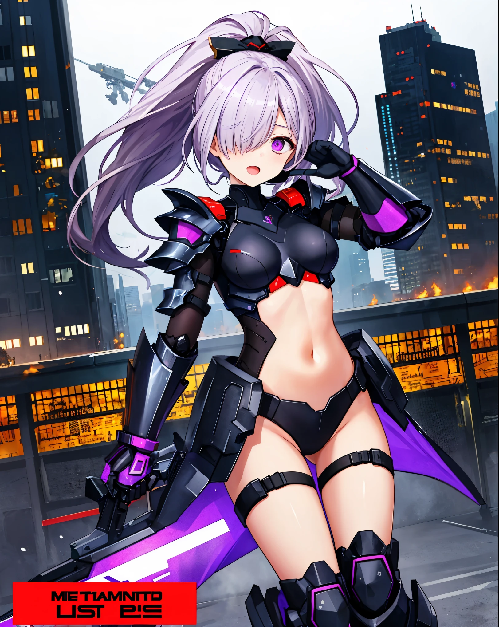 ,1girl,(teen:1.5), (short_ponytail:1.3), (light_whitish_purple_hair:1.3),black_mechanical_armor,white_breasts_parts_red_black_body_suit,bare_shoulder,bare_slender_thighs,medium_breasts,city_background,Stinging_eyes,sleepy,thighhigh_greaves,gauntlets,dynamic_posing,bare_frank,metal_red_parts_armor,red_eye,solo,
fists,hold_weapon,glare,navel,large_mechanical_parts,happy,waist_armor,open_mouth,rise_legs,apart_legs, (covered_navel:1.3),(very_long_bangs:1.3), (hair_over_one_eye:1.5),(long_bang_covers_right_half_of_face:1.5),
(covered_pussy:1.1),covered_breasts,fighting,