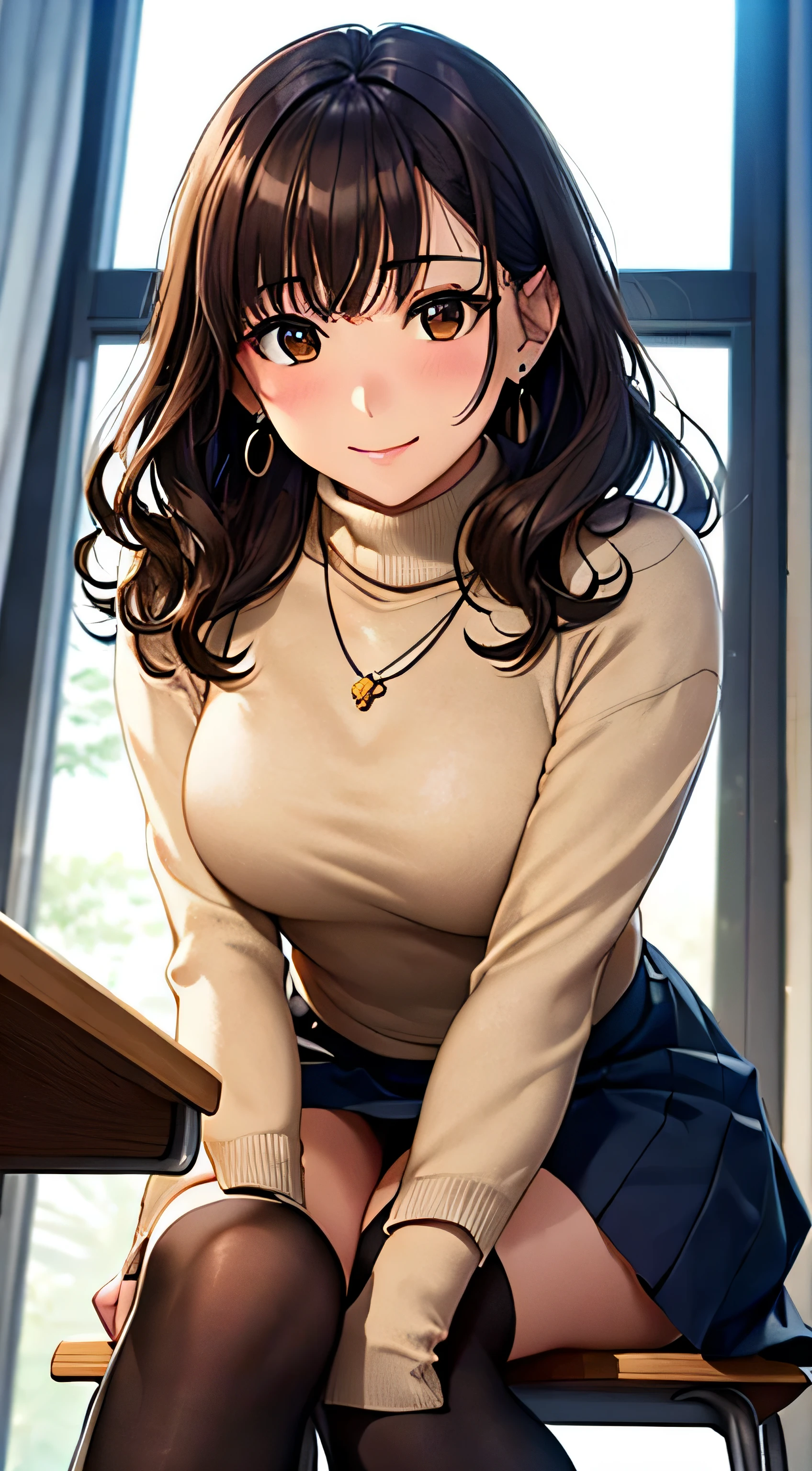 (table top, highest quality, High resolution, , perfect pixel, 4k,), 1 girl, single, alone, Beautiful woman、I could see the whole body、 ((wavy mid-length hair, bangs, brown hair)), ((brown eyes, beautiful eyelashes, realistic eyes)), ((detailed face, blush:1.2)), ((smooth texture:0.75, realistic texture:0.65, realistic:1.1, Anime CG style)), medium breasts, dynamic angle, perfect body, ((, female teacher, , earrings、necklace、turtleneck sweater、Middle flared skirt、black knee high stockings、open both legs wide、leaning forward、shy smile、sit at a desk in the classroom、put your hands on the desk、)), Upper grade、、、evening、、(You can see the blue and white lace panties、、(、)、angle from below)、