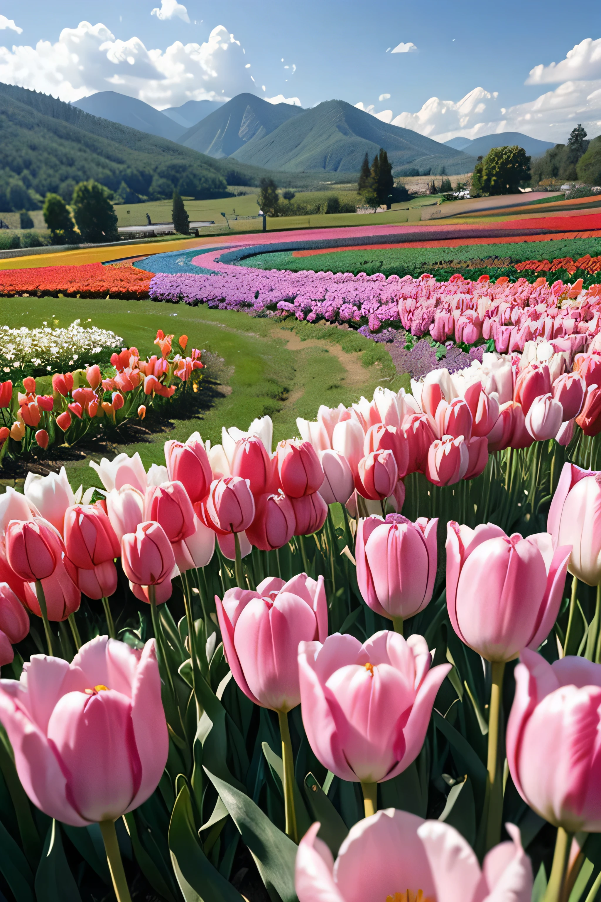 Tulips are blooming both in the mountains and on the plains..，row by row，One by one，The plains are full of tulips，overlook，far off，real photos，colorful colorful，色彩鲜艳real photos