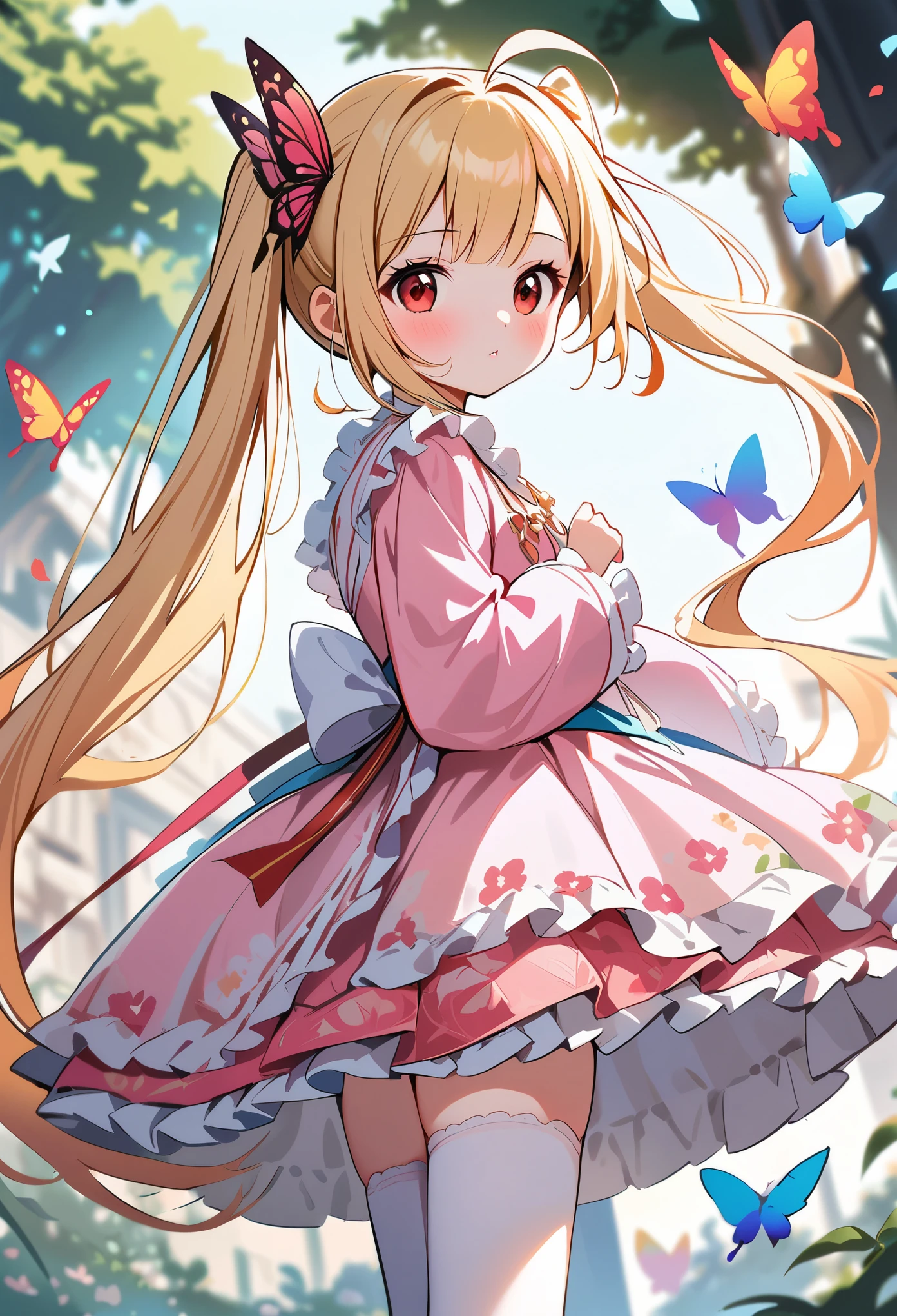 1girl, ****, dress, flower printed, blonde hair, pink dress, heteromonic, dynamic angle, ****ta dress, see through, multi layered dress, bangs, ahoge, from side, very long hair, multi_colored hair, kimono,, long sleeves, twintails, masterpiece, best quality, blurry background, depth of field, iceflake, onnk, butterfly, white thighhighs, frilled thighhighs,