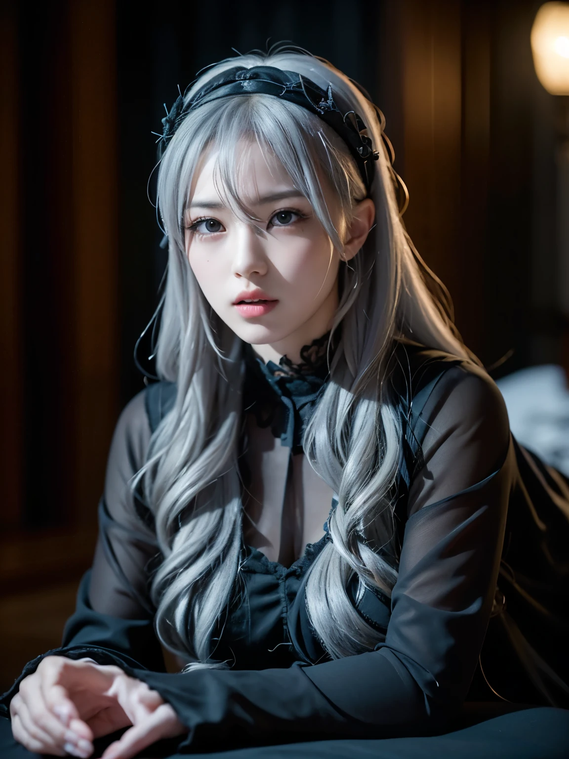 Portrait、cosplay、High definition、high resolution、real photos、Beautiful and cute Japanese girl、24age、gray hair、long hair、black rose headband、all black gothic costume、wearing black tights、Dark Ruined Church、Rozen Maiden、Mercury lamp、I can see the whole body、A fascinating gaze、have a machine gun、Lying sprawled out in a dark church at night,accurate lighting (dim light, oblique light) Photographic equipment (Single-lens reflex camera, single focus lens), setting (f/0.8, S200, ISO100), Accurate background ,ball blur、A scene from a movie