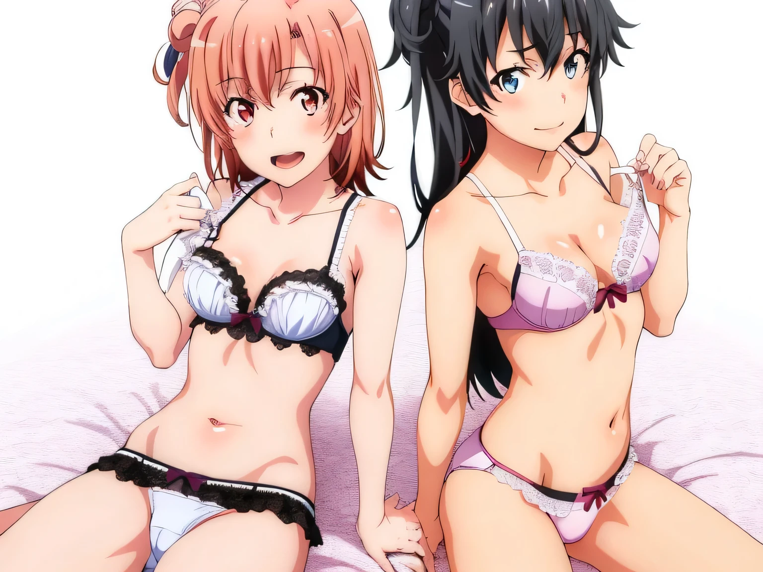 2 girls , Yukinoshita Yukino , Yuigahama Yui has a great bust, beautiful pussy and nice ass,In underwear,belly button,,Pink silk panties,white silk panties,thighs,knees,calf,high angle,beautiful eyes,open mouth smile,look at the camera