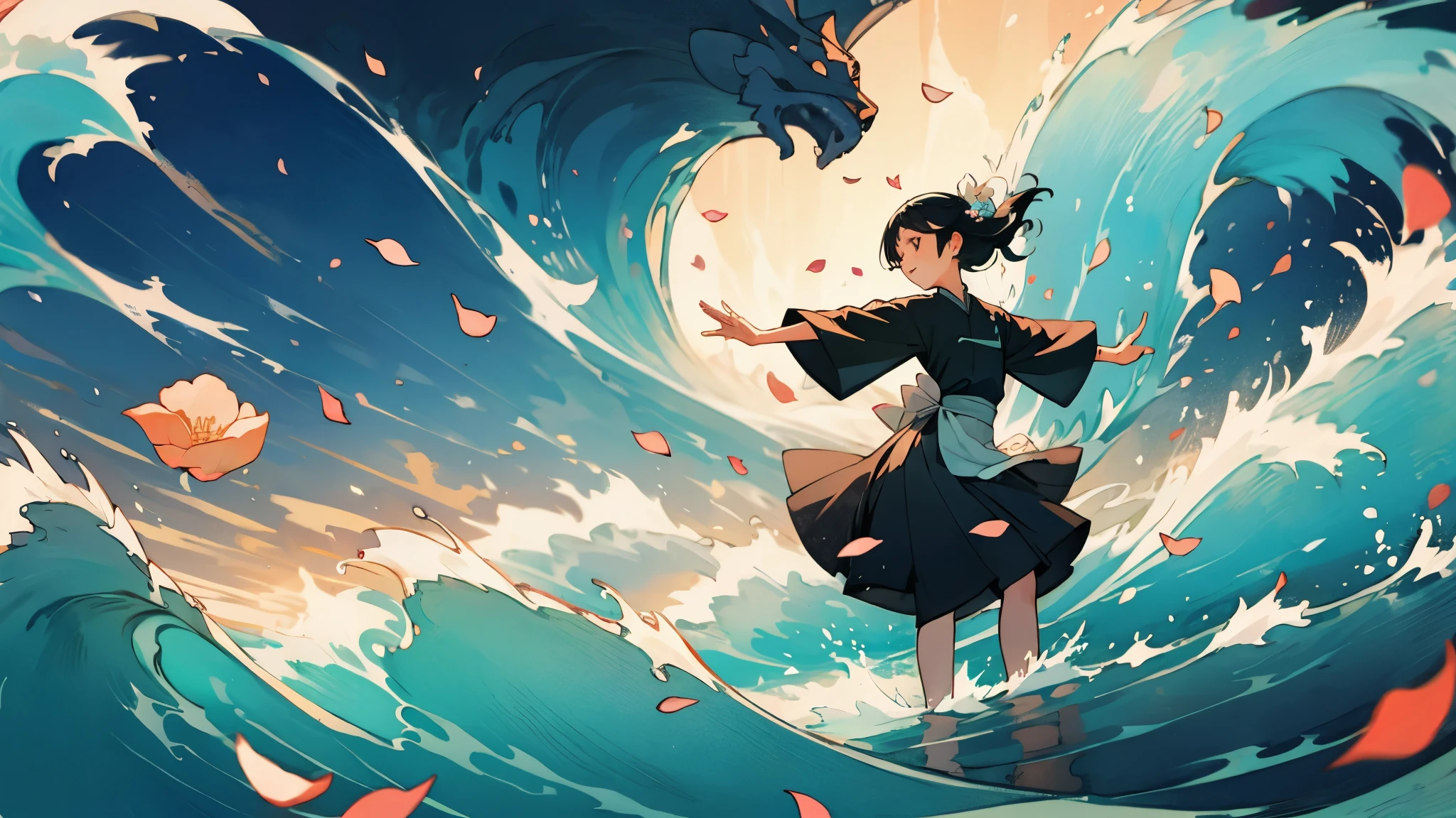 sea,Flower petals floating on the waves,burst of inspiration,sea高高的海良,long sleeves,Dance,best quality,Fantastic scenes,魔幻的sea