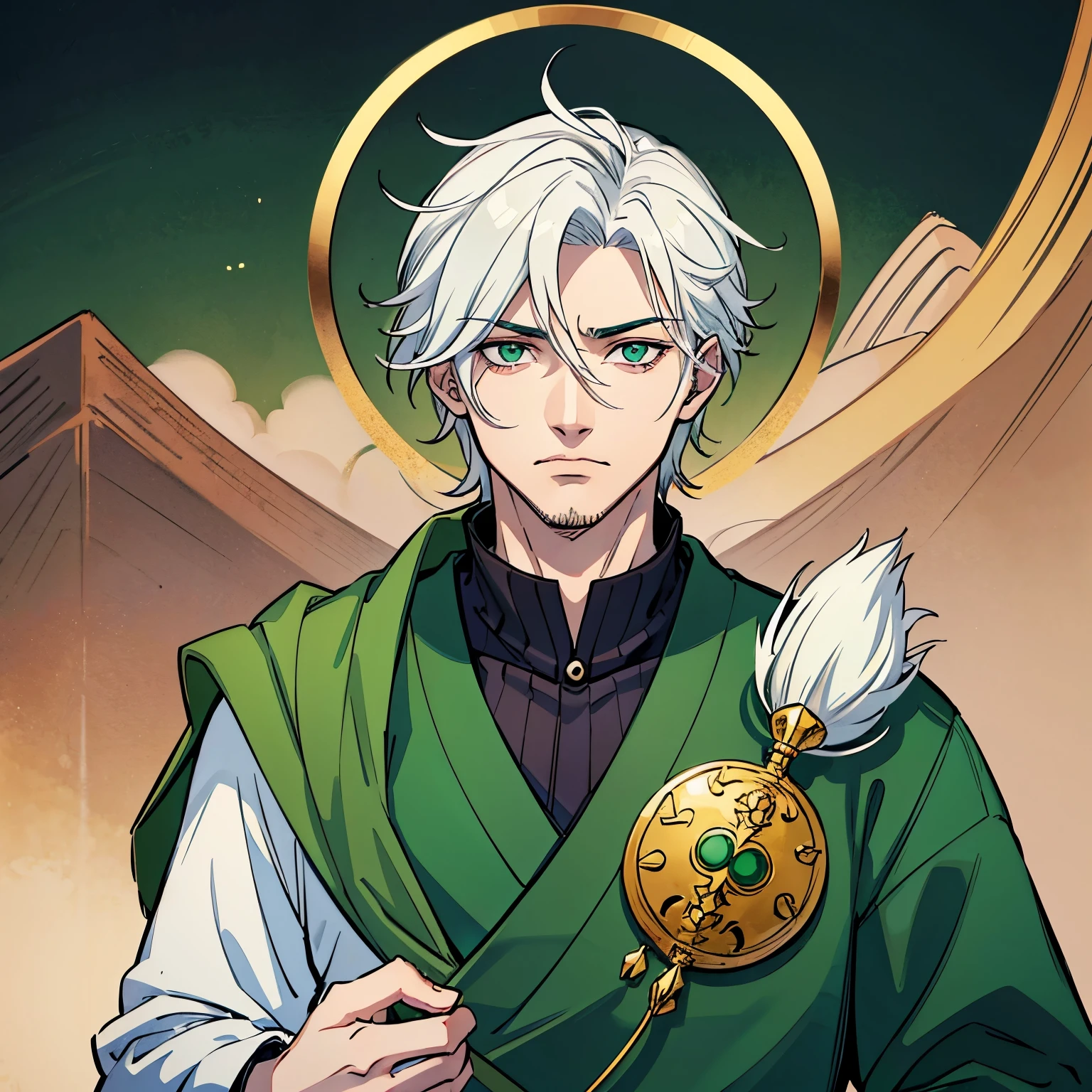 Um personagem de anime dobrador de terra que tem por volta de 17 anos, with a slightly failed goatee that has the style of feudal times in Japan with dark green clothes with some pastel tones of white fabric, a serene and calm face but rigid and with two scars on his face, one that goes from the ear to the mouth and the other in the shape of an X on his left eye and in that eye and whitish because he is blind in this eye. De corpo inteiro dobrando terra em avatar 