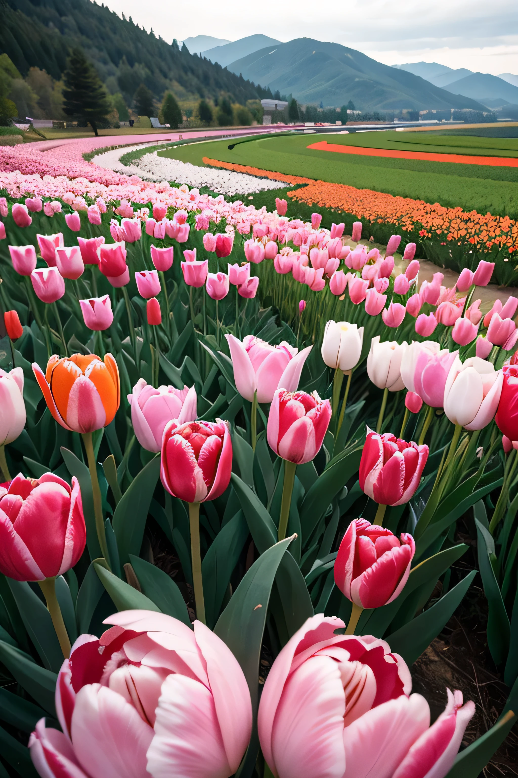 Tulips are blooming both in the mountains and on the plains..,row by row,One by one,The plains are full of tulips,overlook,far off,real photos,colorful colorful,色彩鲜艳real photos