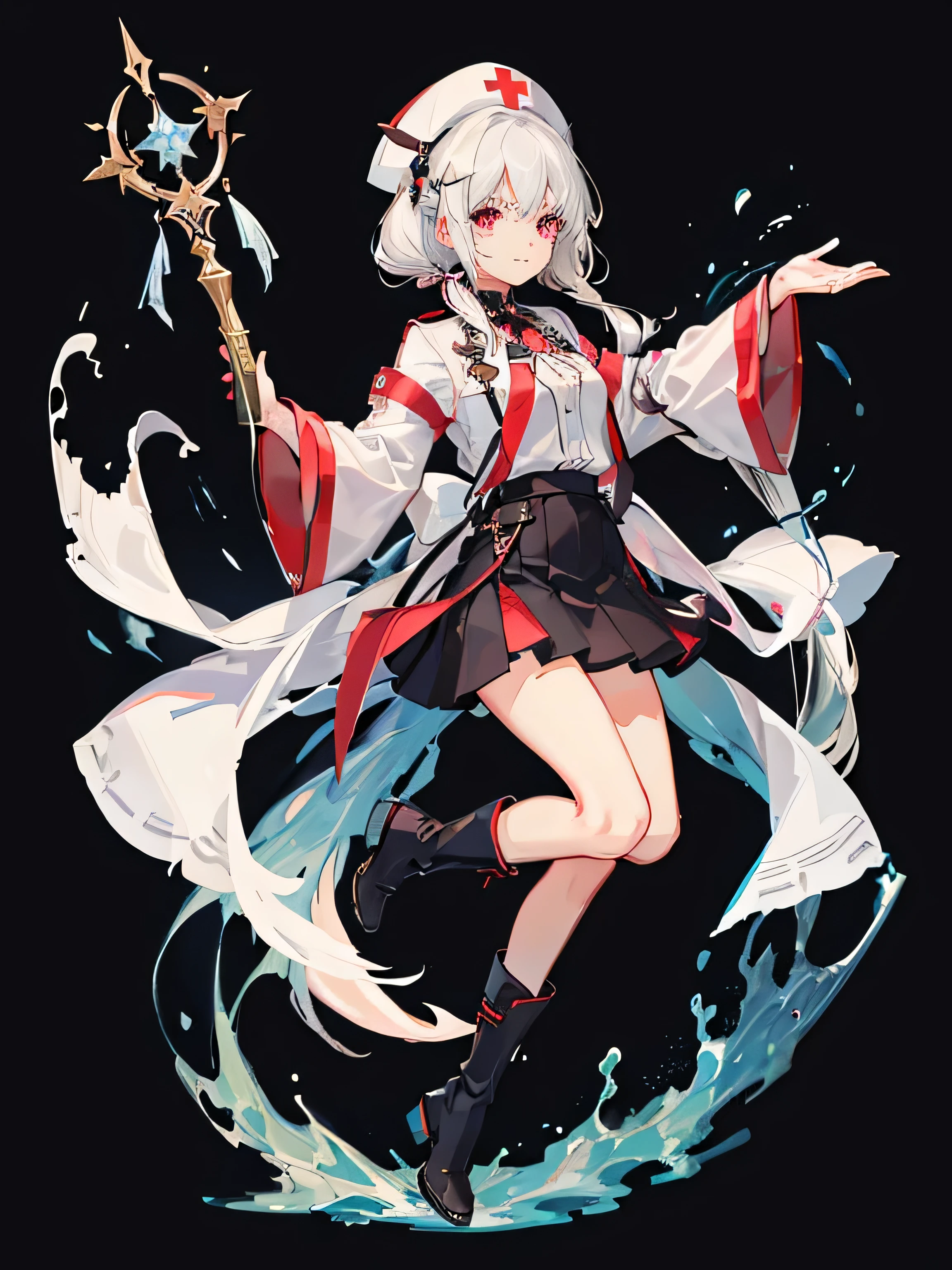 full body, 1 girl、laughter、shirt、blouse、skirt、(small breasts)i play、Knee-high boots、hat、Claw Kagic Wand、gray hair、 nurse costume, Red Cross, healer, Quiet personality, simple background