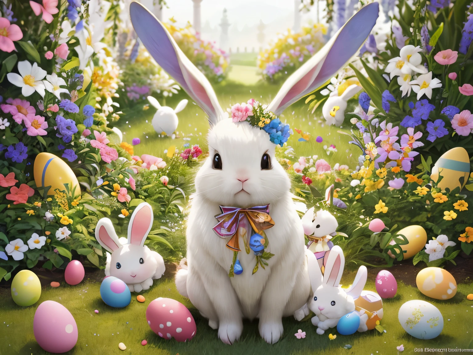 (masterpiece 1:2, ultra-detailed), An Easter feature with a high resolution 4k/8k quality and ultra-detailed depiction. The centerpiece of the image is a fluffy bunny dressed in an elegant gentleman suit. The bunny's suit is made of high-quality materials and has intricate details, showcasing the craftsmanship and attention to detail. The bunny stands in a vibrant garden filled with colorful Easter eggs. The eggs are beautifully decorated with various patterns and designs. The garden is lush and filled with blooming flowers, creating a visually stunning and appealing environment. The colors of the image are vivid and vibrant, emphasizing the joyful and festive atmosphere of Easter. The lighting in the scene is soft and warm, casting a gentle glow on the bunny and the surrounding elements.