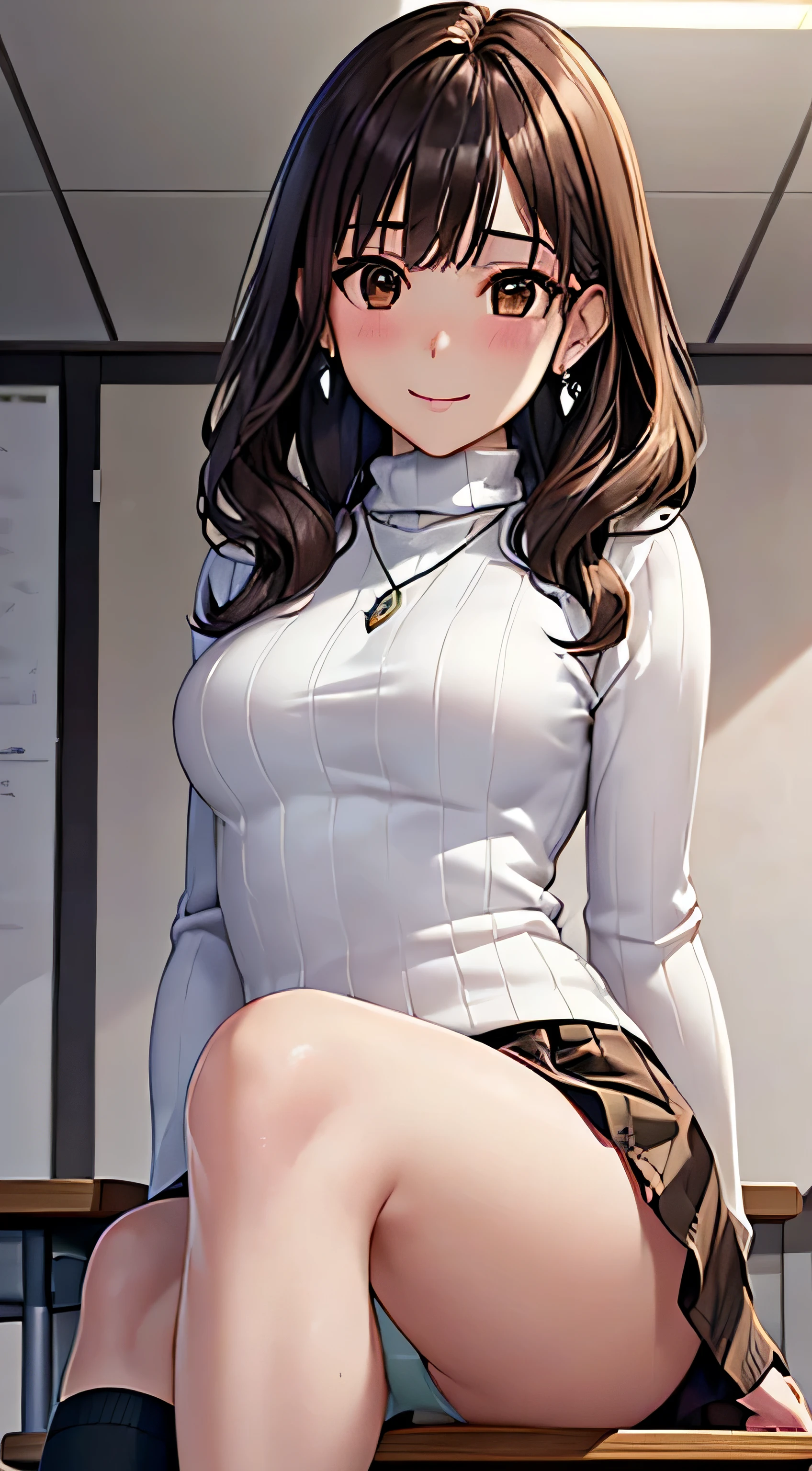 (table top, highest quality, High resolution, , perfect pixel, 4k,), 1 girl, single, alone, Beautiful woman、I could see the whole body、 ((wavy mid-length hair, bangs, brown hair)), ((brown eyes, beautiful eyelashes, realistic eyes)), ((detailed face, blush:1.2)), ((smooth texture:0.75, realistic texture:0.65, realistic:1.1, Anime CG style)), medium breasts, dynamic angle, perfect body, ((, female teacher, , earrings、necklace、turtleneck sweater、Middle flared skirt、black knee high stockings、open both legs wide、、shy smile、sit at a desk in the classroom、put your hands on the desk、)), Upper 、、、evening、、(You can see the blue and white lace panties、、(、)、angle from below)、