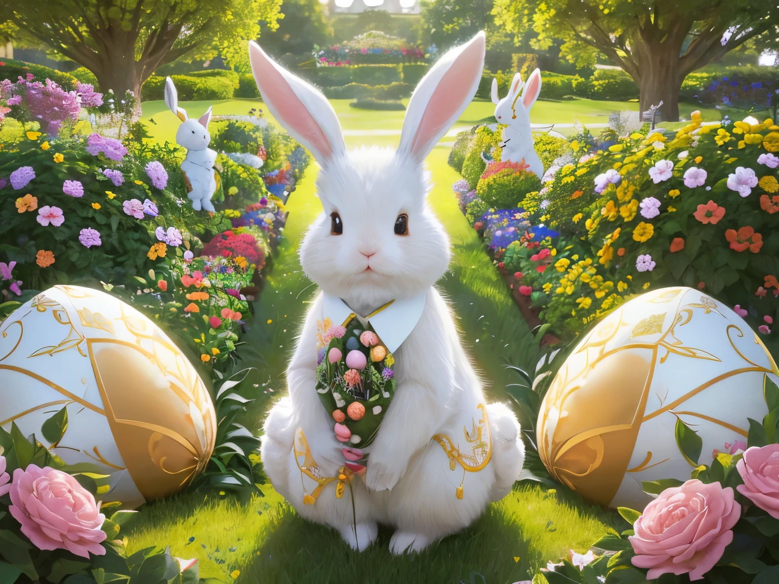 An Easter feature with a high resolution 4k/8k quality and ultra-detailed depiction. The centerpiece of the image is a fluffy bunny dressed in an elegant gentleman suit. The bunny's suit is made of high-quality materials and has intricate details, showcasing the craftsmanship and attention to detail. The bunny stands in a vibrant garden filled with colorful Easter eggs. The eggs are beautifully decorated with various patterns and designs. The garden is lush and filled with blooming flowers, creating a visually stunning and appealing environment. The colors of the image are vivid and vibrant, emphasizing the joyful and festive atmosphere of Easter. The lighting in the scene is soft and warm, casting a gentle glow on the bunny and the surrounding elements.
