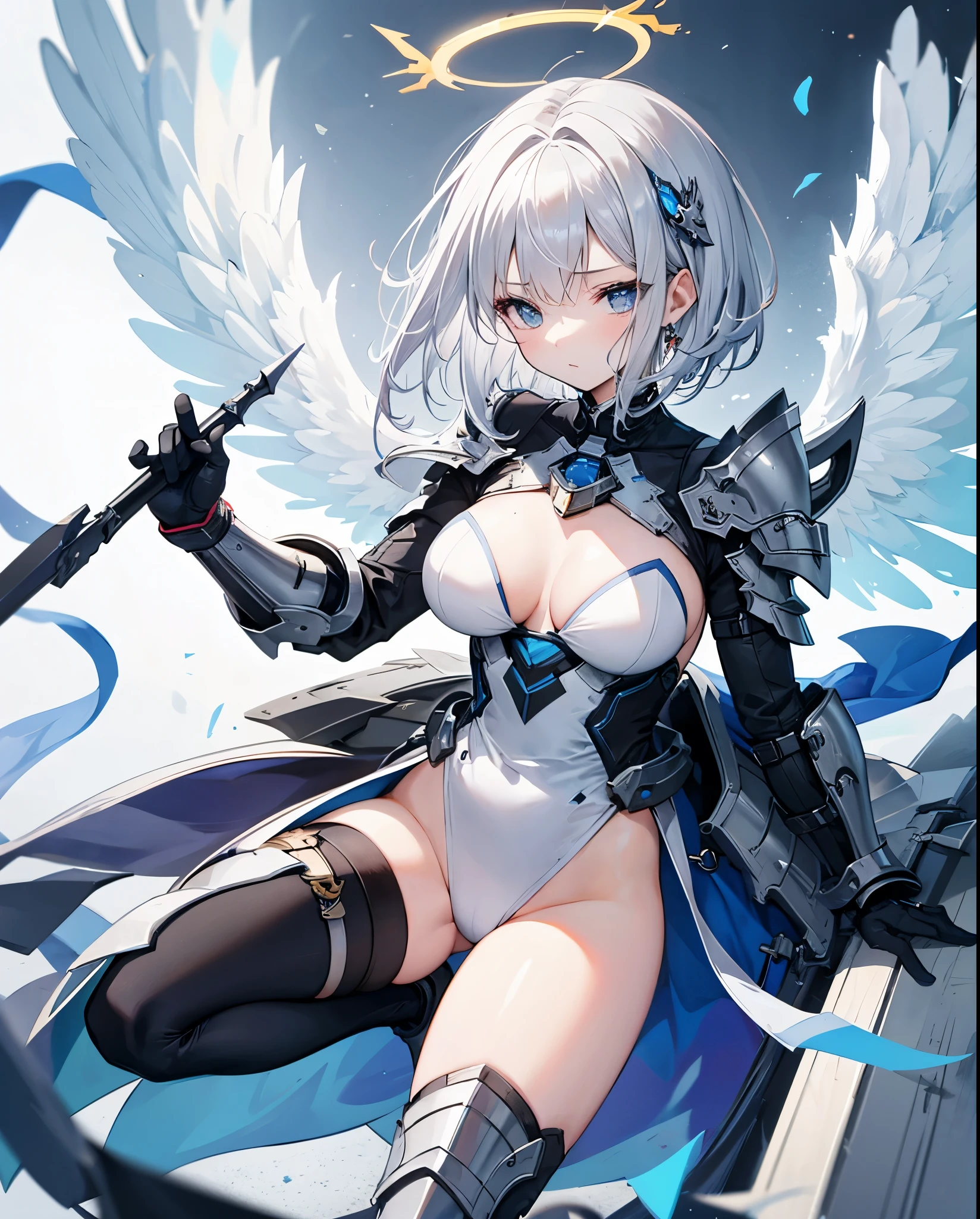 fantasy, 1angel_girl,young_, ,silver_hair, short_hair, long_bangs, halo,bare_shoulder,thighhighs,silver_armor, waist_armor, large_breasts,sleepy,half_eyes,1pair_wings, dynamic_pose_fighting,floating, bare_crotch, headgear,gauntlet, greaves,city_background,slightly_spread_legs, solo, groin_naked,