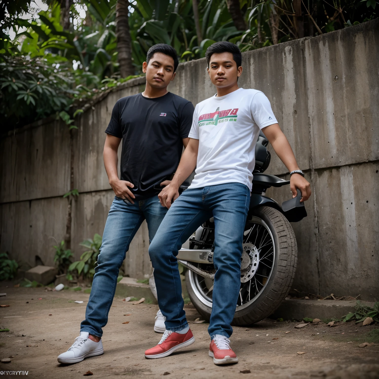 Fotografi seorang pria usia 23 tahun, Indonesia kaos, kemeja, jeans, sepatu kasual, berpose dengan gaya keren,
latar belakang sepeda motor sport, resolusi 48K, fullHD. hipernatural. detail rumit yang sangat nyata. gambar diambil menggunakan kamera Canon UV. naturalis.