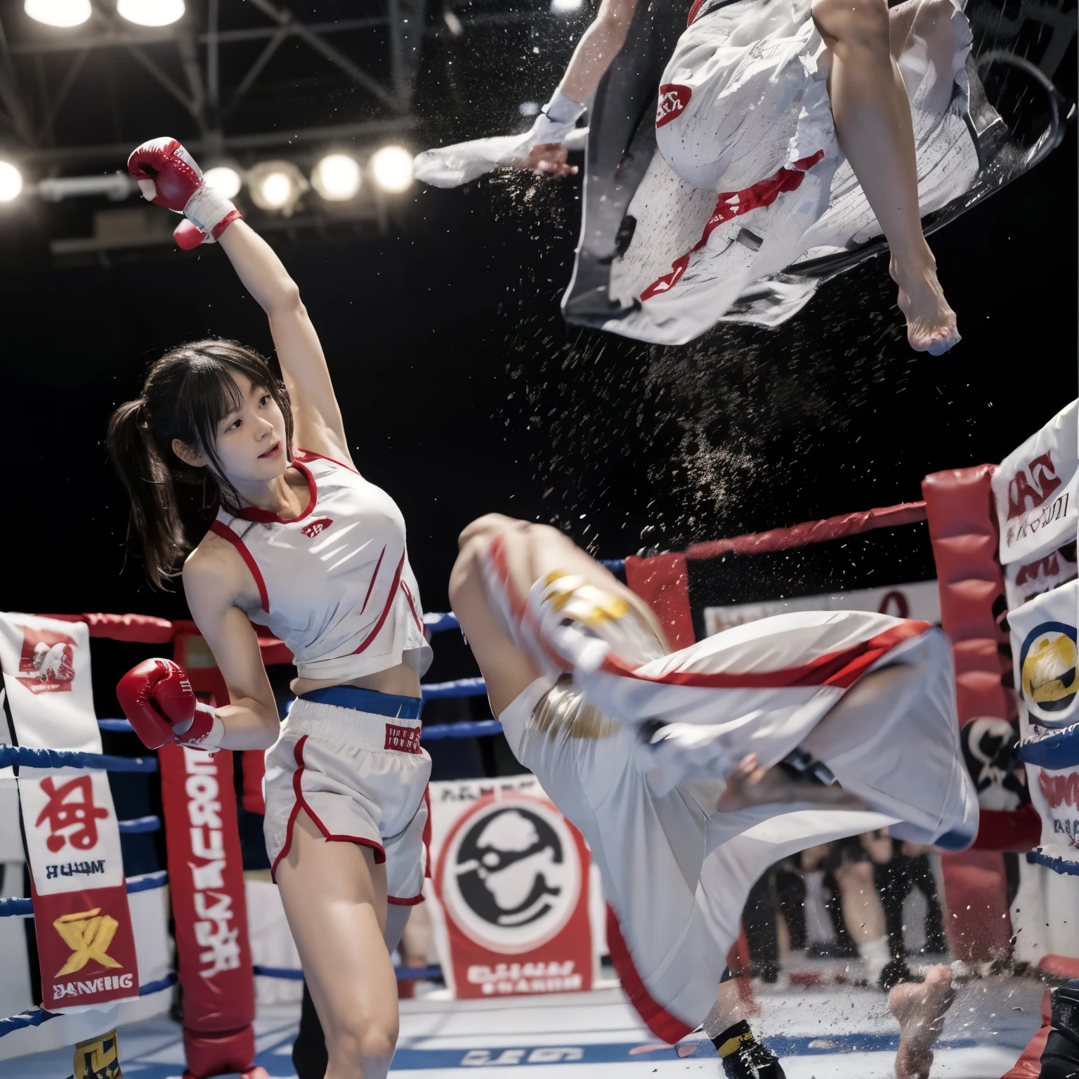 There&#39;s a woman kicking in the ring, high kick, Kickboxing, world championship Fight, Heroic Muay Thai Stance Pose, jump kick, matoko shinkai, Fight pose, Fight, beginner, sparring, Fighting, Fighters, Fighting posture, doing a kick, maya takamura, boxing match, masami kurumada, in a Fighting pose