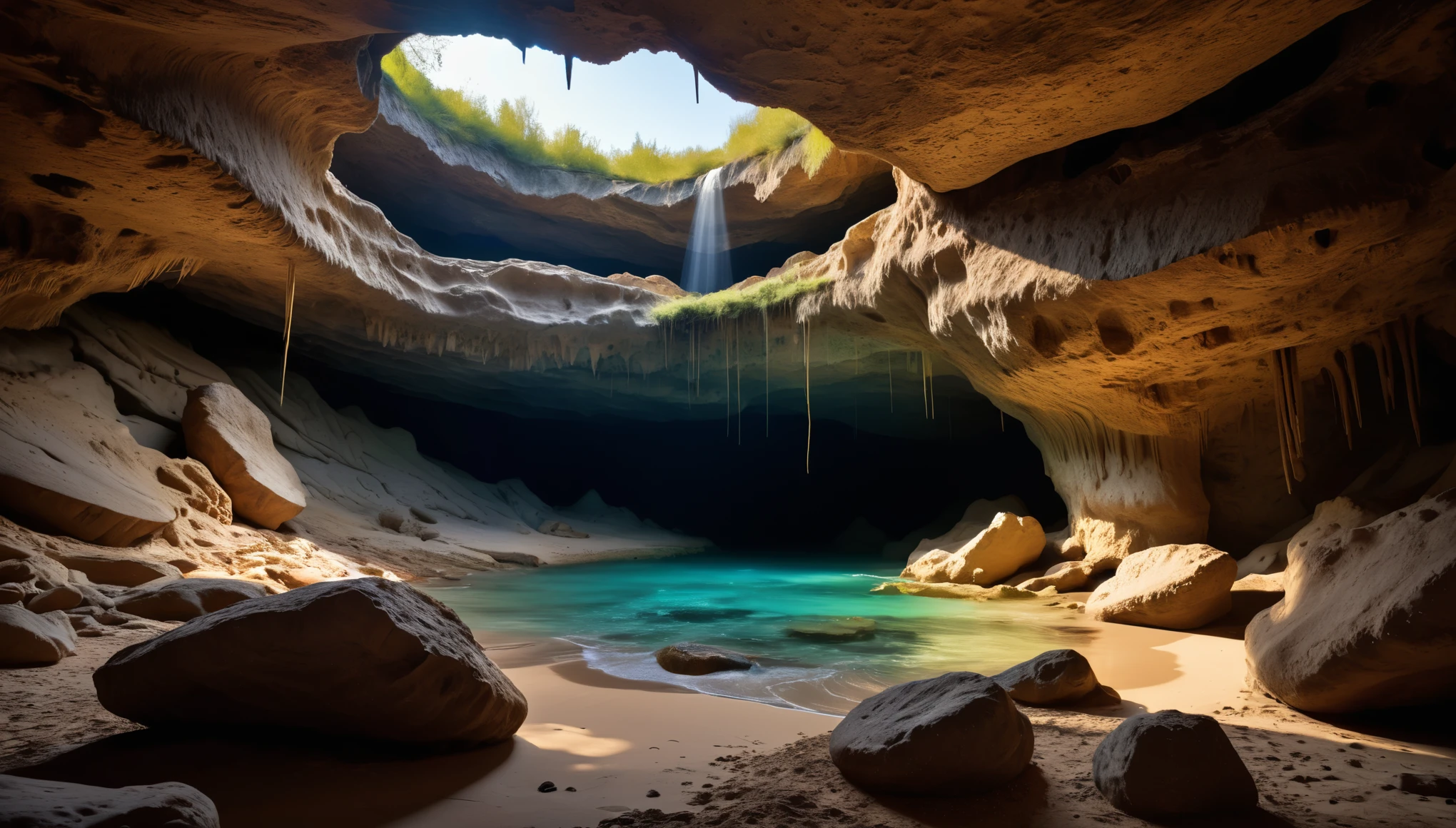 Abandoned Cave: novel style, renpy, mystery, Unique, unique location, closed, horizontal view (masterpiece, highres, sharp lines, high-quality, high saturation)