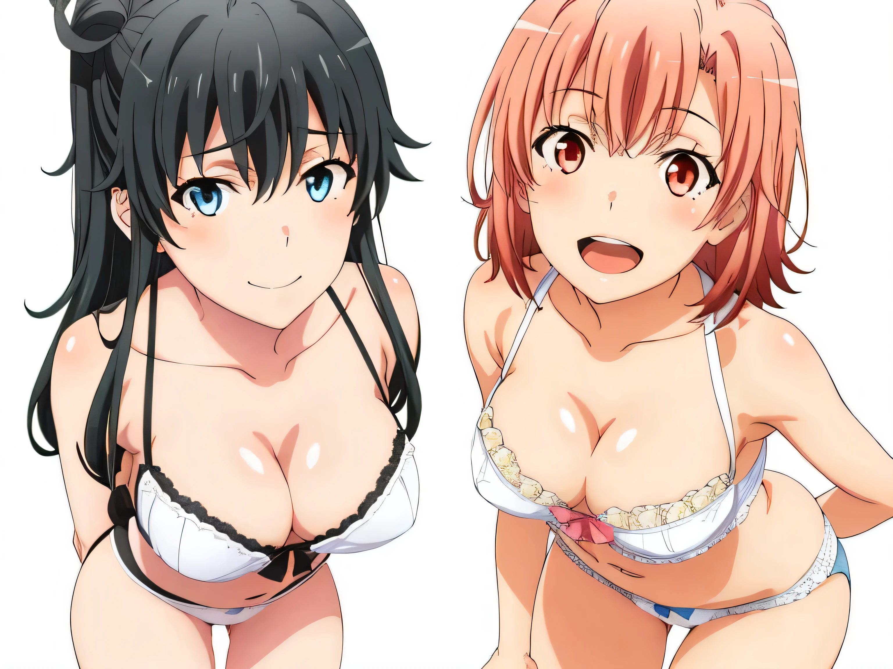 2 girls , Yukinoshita Yukino , Yuigahama Yui has a great bust, beautiful pussy and nice ass,In underwear,belly button,,Pink silk panties,white silk panties,thighs,knees,calf,high angle,beautiful eyes,open mouth smile,look at the camera