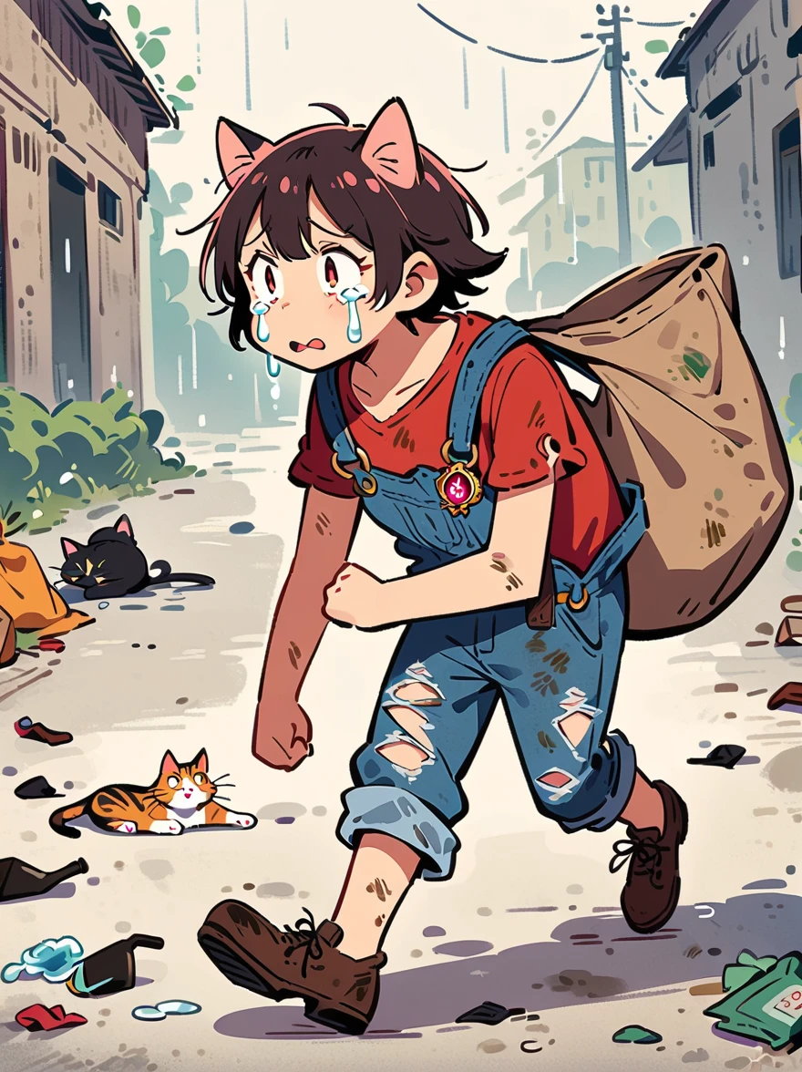 cartoon illustration，simple，rainstorm，Depicting an anthropomorphic cat，solo，Dirty，eyes dull，Listless，Malaise，decadent，crying emoticon，Loose ripped denim ripped overalls overalls，red linen shirt，Tattered leather shoes，There is a big bag next to you，Sitting next to the trash can on a dirty street corner，Many broken wine bottles around，Dirty environment，correct human anatomy