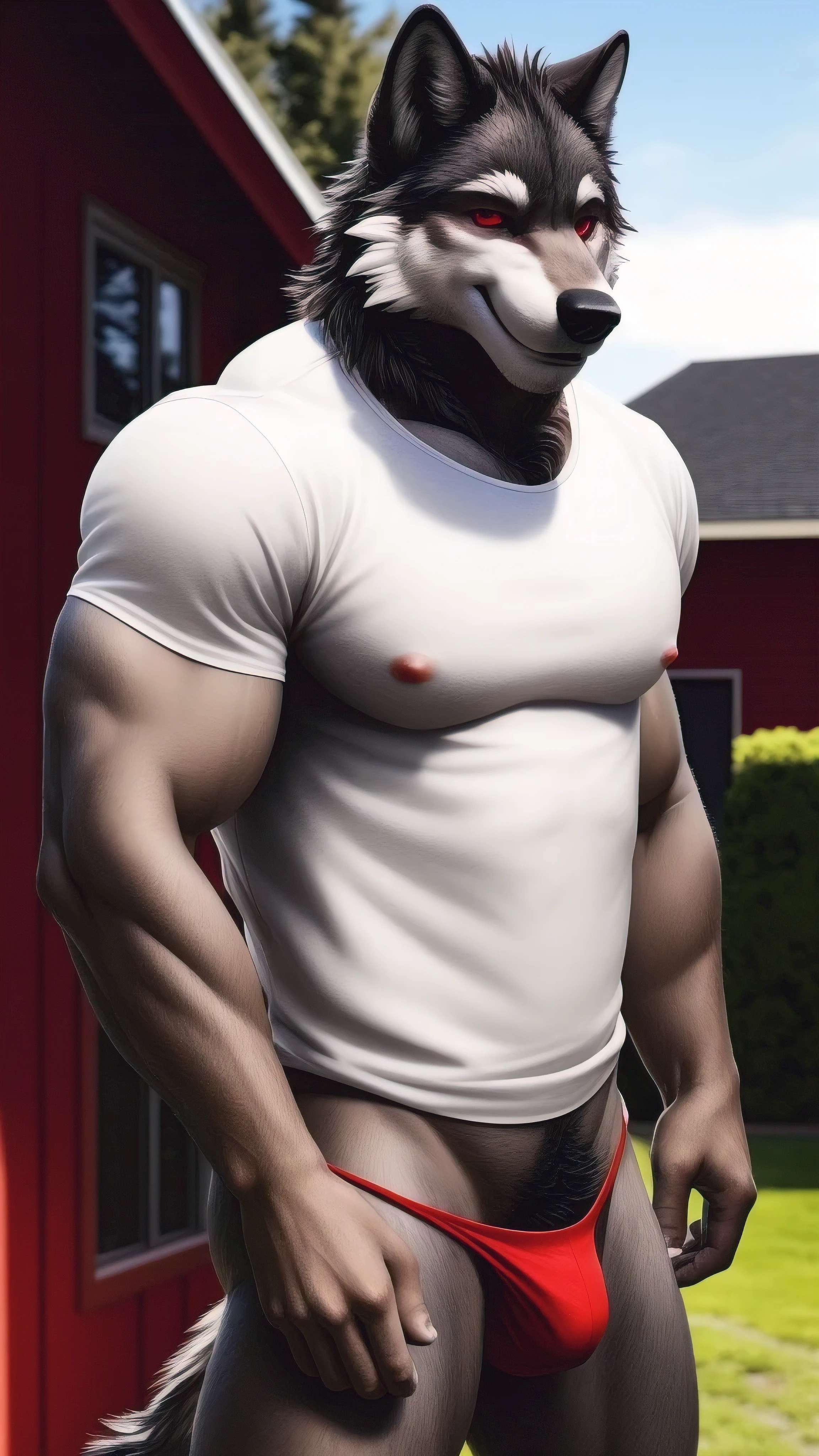 Spicy portrait of a furry wolf alone seductive smile wearing a sexy thong and a white t-shirt looking at the viewer beautiful and sexy red eyes muscular man a realistic house background outside outdoors hot and rough posing for camera endowed porn actor gay delicious body black dream daddy adult 25 years old pervert addicted to sex single HDR 32K