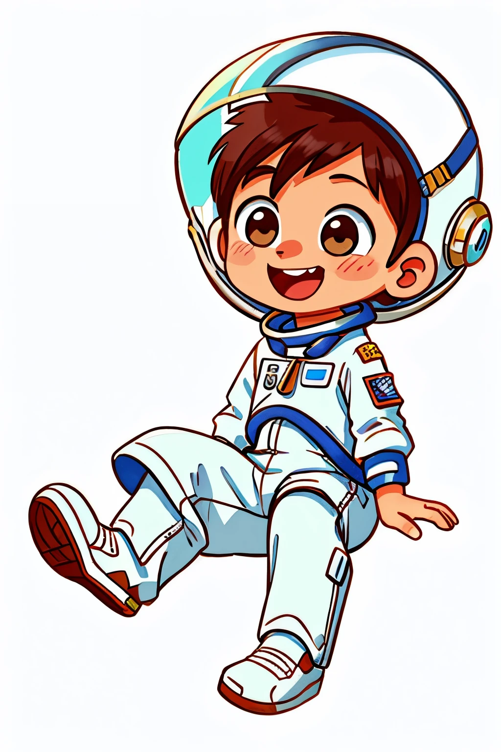 A 6 year old boy, wearing astronaut outfit, full body, sitting, happy, perfect quality, clear focus (white background) (chibi style) (best quality) (intricate details) (8K) (detailed eyes) (sharp focus), (happy)