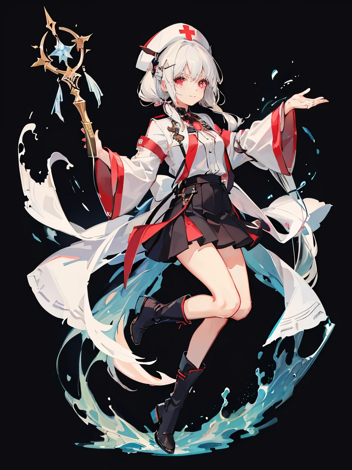 full body, 1girl in、A smile、The shirt、Blouse、skirt by the、(small tits)Chilarism、long boots、Hats、cloakagic wands、white hair、 nurse costume, red cross, healer, quiet personality, simple background