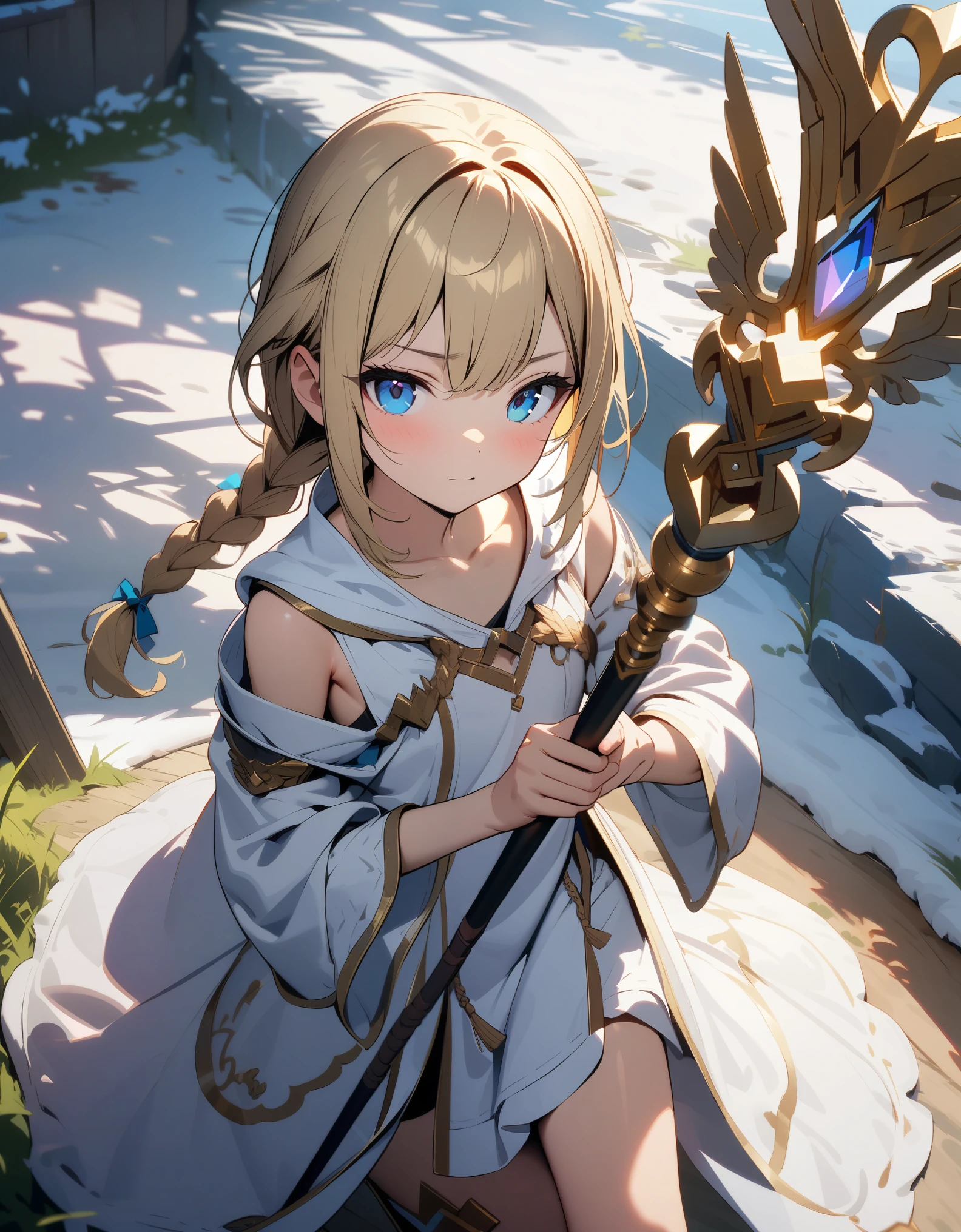 1boy, trap, blonde hair, long single back-length braid, blue eyes, flat chest, white robes, bare legs, extremely girly boy, clutching golden staff, tundra background, textured skin, UHD, UHD, UHD, UHD, award winning, high details, incredible high-key lighting and shadows, masterpiece, incredible illustration