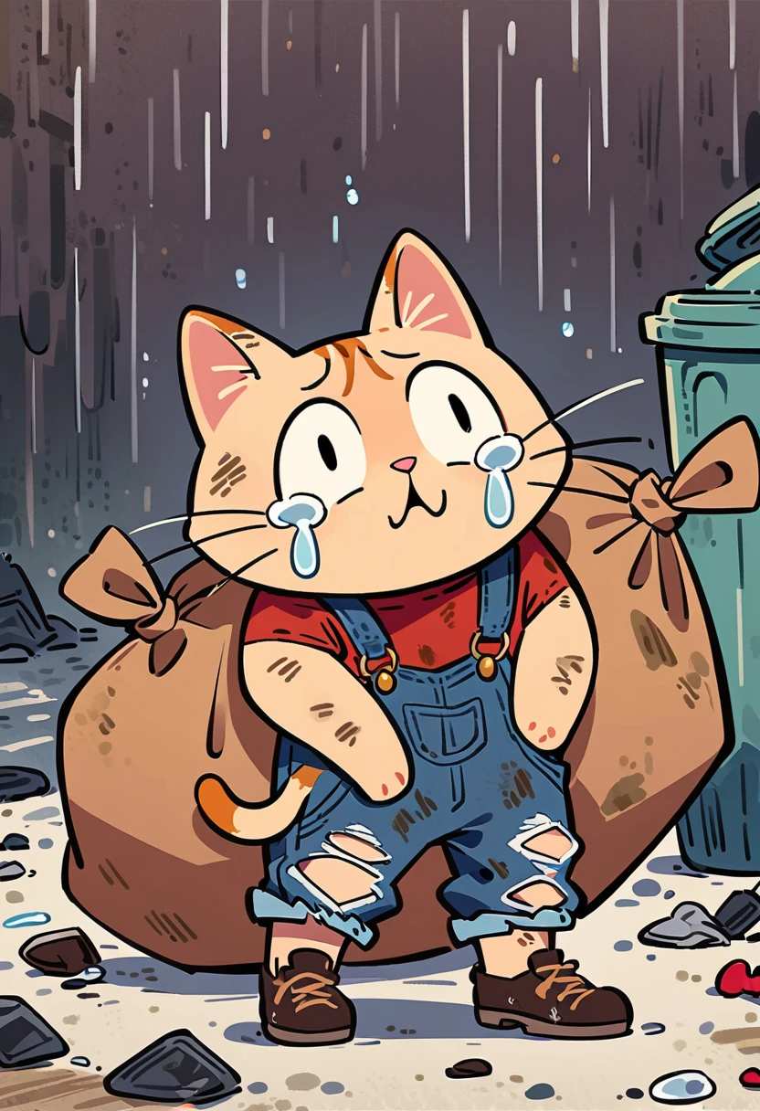 cartoon illustration，simple，rainstorm，Depicting an anthropomorphic cat，solo，Dirty，eyes dull，Listless，Malaise，decadent，crying emoticon，Loose ripped denim ripped overalls overalls，red linen shirt，Tattered leather shoes，There is a big bag next to you，Sitting next to the trash can on a dirty street corner，Many broken wine bottles around，Dirty environment，correct human anatomy