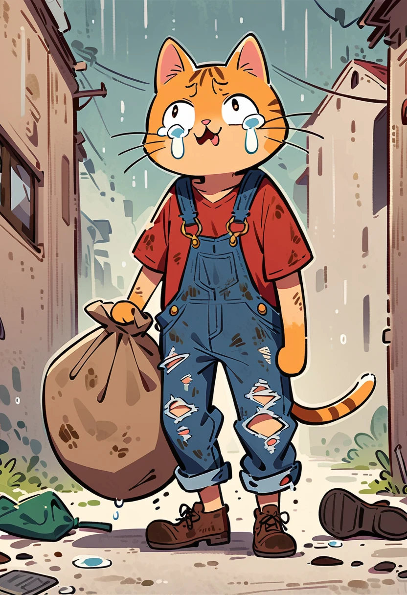 cartoon illustration，simple，rainstorm，Depicting an anthropomorphic cat，solo，Dirty，eyes dull，Listless，Malaise，decadent，crying emoticon，Loose ripped denim ripped overalls overalls，red linen shirt，Tattered leather shoes，There is a big bag next to you，Sitting next to the trash can on a dirty street corner，Many broken wine bottles around，Dirty environment，correct human anatomy