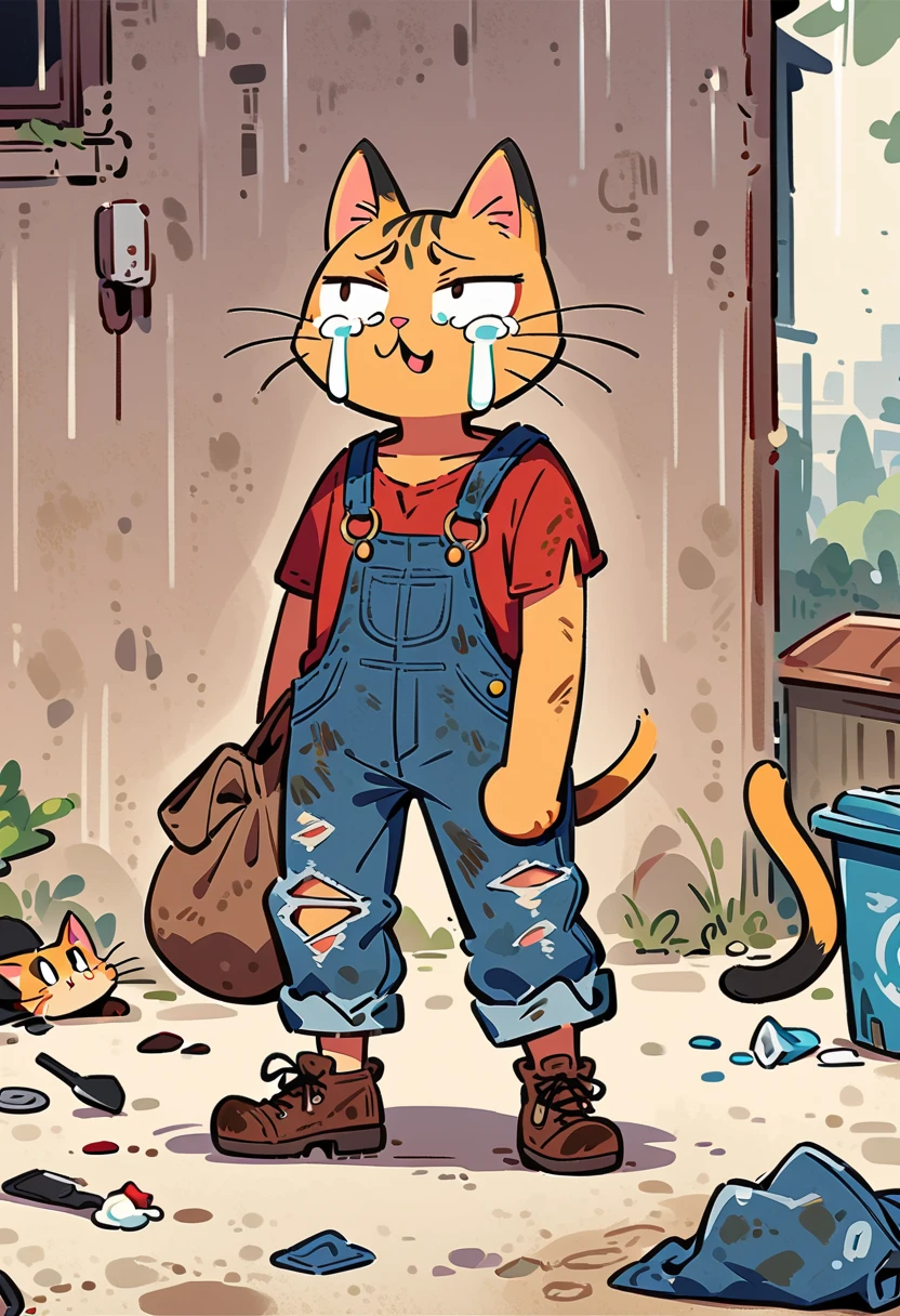 cartoon illustration，simple，rainstorm，Depicting an anthropomorphic cat，solo，Dirty，eyes dull，Listless，Malaise，decadent，crying emoticon，Loose ripped denim ripped overalls overalls，red linen shirt，Tattered leather shoes，There is a big bag next to you，Sitting next to the trash can on a dirty street corner，Many broken wine bottles around，Dirty environment，correct human anatomy