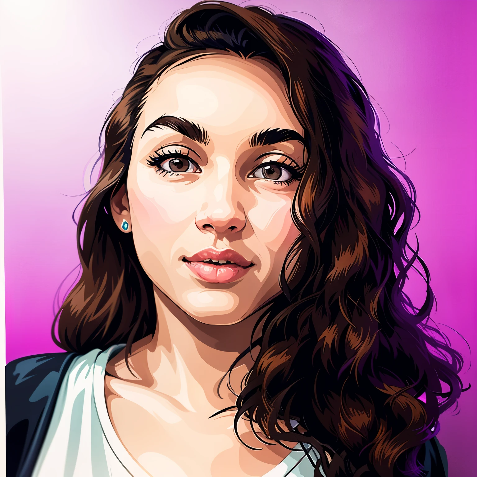 A white woman with slightly wavy black hair, wearing a white t-shirt, light brown eyes, and a nose piercing. Image in a vector illustration style, with contrasting lines.