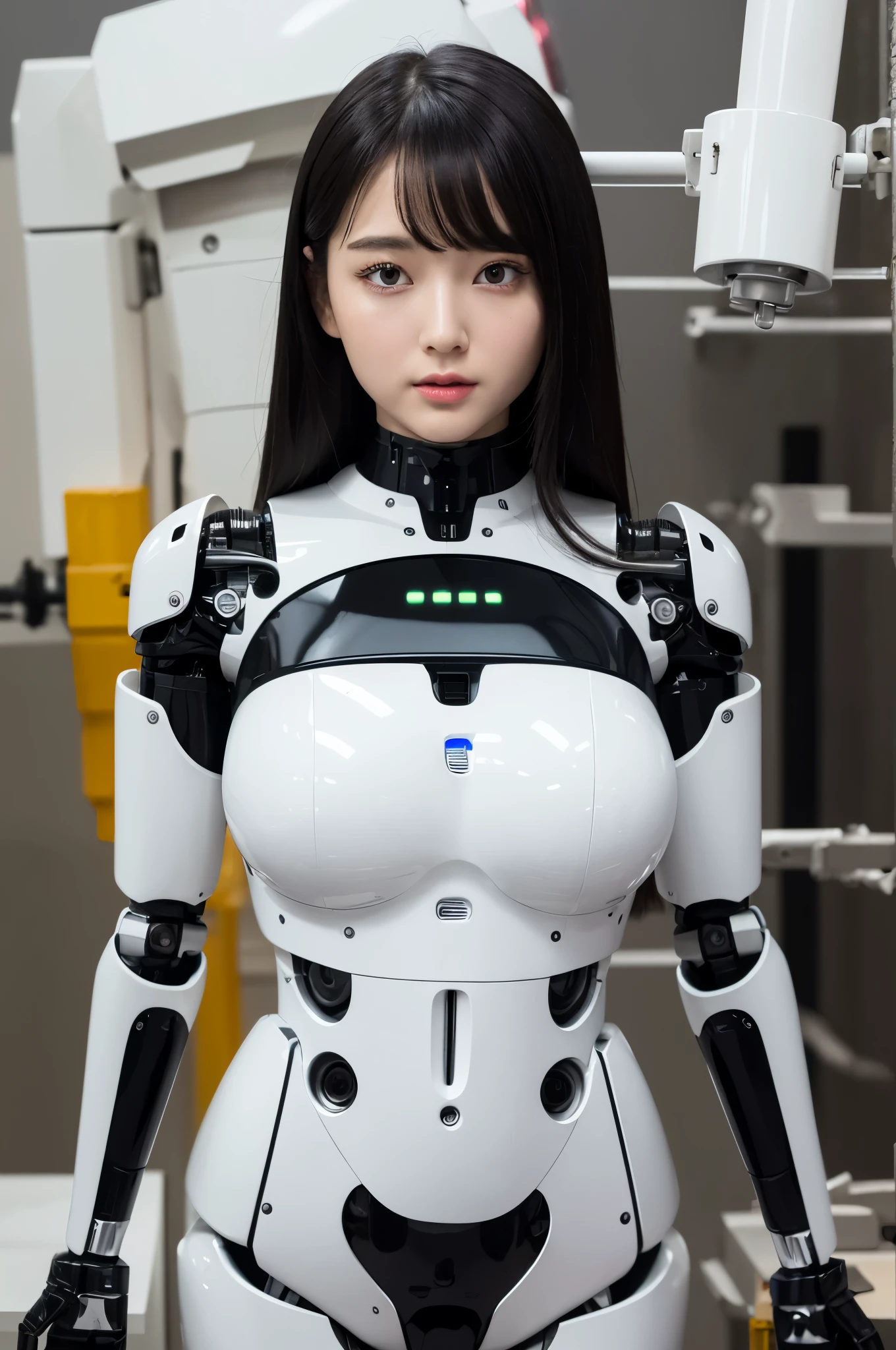 masterpiece, best quality, extremely detailed, 8K portrait,1girl in, Japaese android girl,android teacher,Plump , control panels,android,Droid,Mechanical Hand, ,Robot arms and legs, Black hair,Mechanical body,Blunt bangs,White Robotics Parts,perfect robot woman,Charging spot,Long Tube,A thick cable was connected to her neck,ceramic body ,android,robot humanoid,a bit chubby,panty,full eyes,perfect mechanical body,white robotics body,future assembly plant,white body,She has repaired,black sponge joints,android assembly plant,android,laboratory,perfect machine body,white robot body,