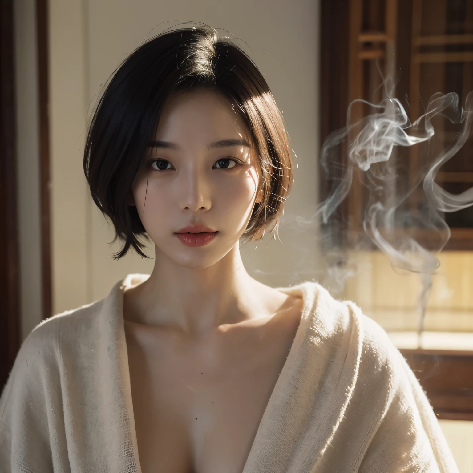 Best quality, masterpiece, ultra high res, (photorealistic:1.5), raw photo, 1girl, naked and covered up with blanket , in the room with open windows, light shadow, low key, warm light, sexy look, short hair, asian face, Chinese face, (cigarette on mouth, smoke from cigarettes: 1.2) smoking, (perfect detailed cigarettes with dark yellow filter) (perfect detailed cigarettes) cigarette, cigar on the mouth, cigar on the mouth, (cigar on the mouth: 1.4), real person
