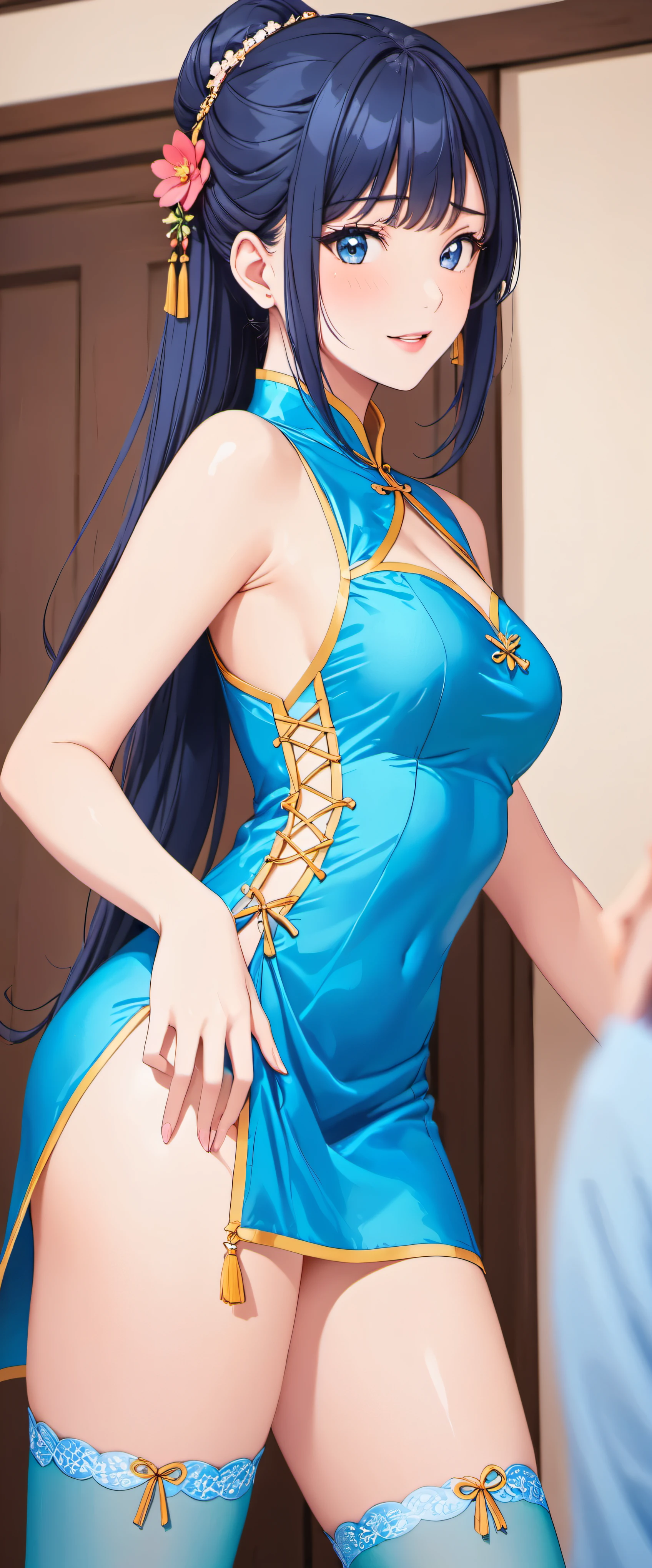 High resolution, adult woman , good lighting, despicable, , (No nudity), (((Shiny Blue Cheongsam))), (()), ((())), (garter belt), abdomen only, (),  ,  cute face, I&#39;Iは恥ずかしくて赤面します, humiliating, ((look back)), (T-back)(A large amount of material is attached to the body,)