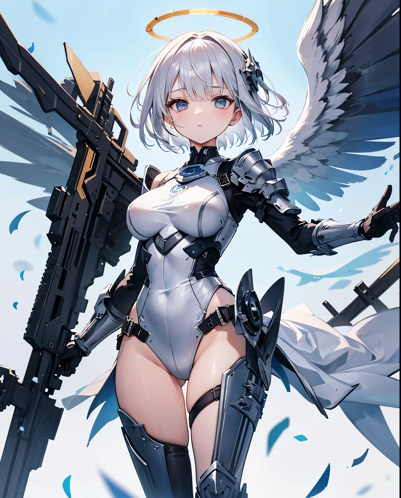 fantasy, 1angel_girl,_teen,lver_hair, short_hair, long_bangs, halo,bare_shoulder,thighhighs,silver_armor, waist_armor, large_breasts,sleepy,half_eyes,1pair_wings, dynamic_pose_fighting,floating, bare_crotch, headgear,gauntlet, greaves,city_background,slightly_spread_legs, solo, groin_naked,