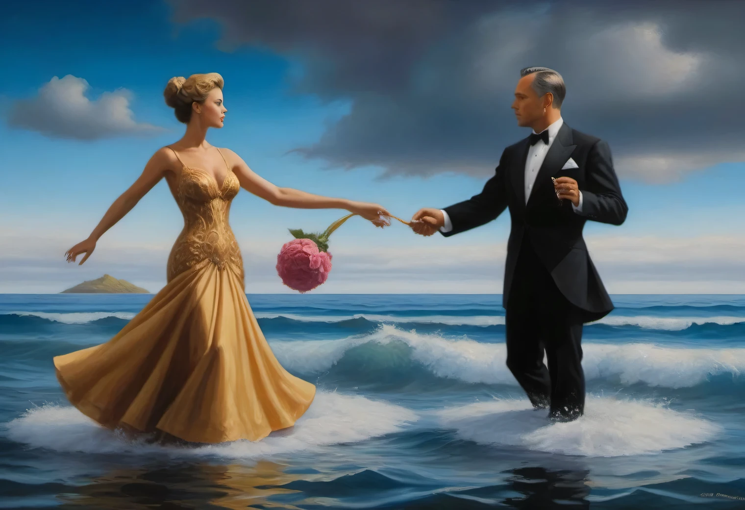 Oil painting on canvas by artist Jim Burns., Surreal Image, a man and a woman in a luxurious dress waltz along the sea surface, High detail, A high resolution, Surrealism, full compliance with the style “On the surface of the sea”