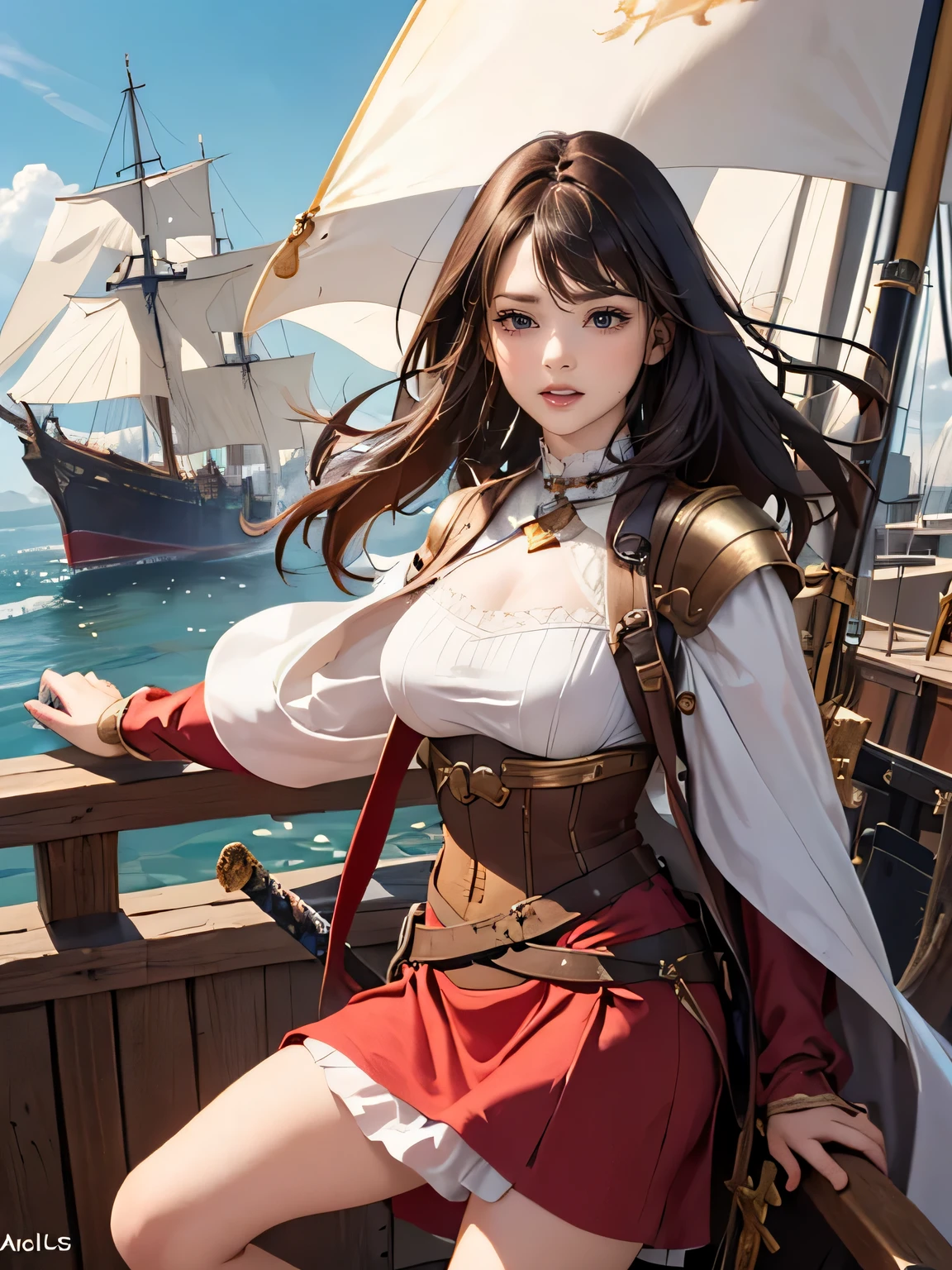 ((medieval world)), (noble's daughter who became a adventurer with an old lieutenant, medieval European aristocratic dress, breasts, she has a long sword), on the deck of a medieval large galleon that was made of woods during the Age of Discovery in the Middle Ages, windy, a lot of cargo, standing and spread legs, smiling, 