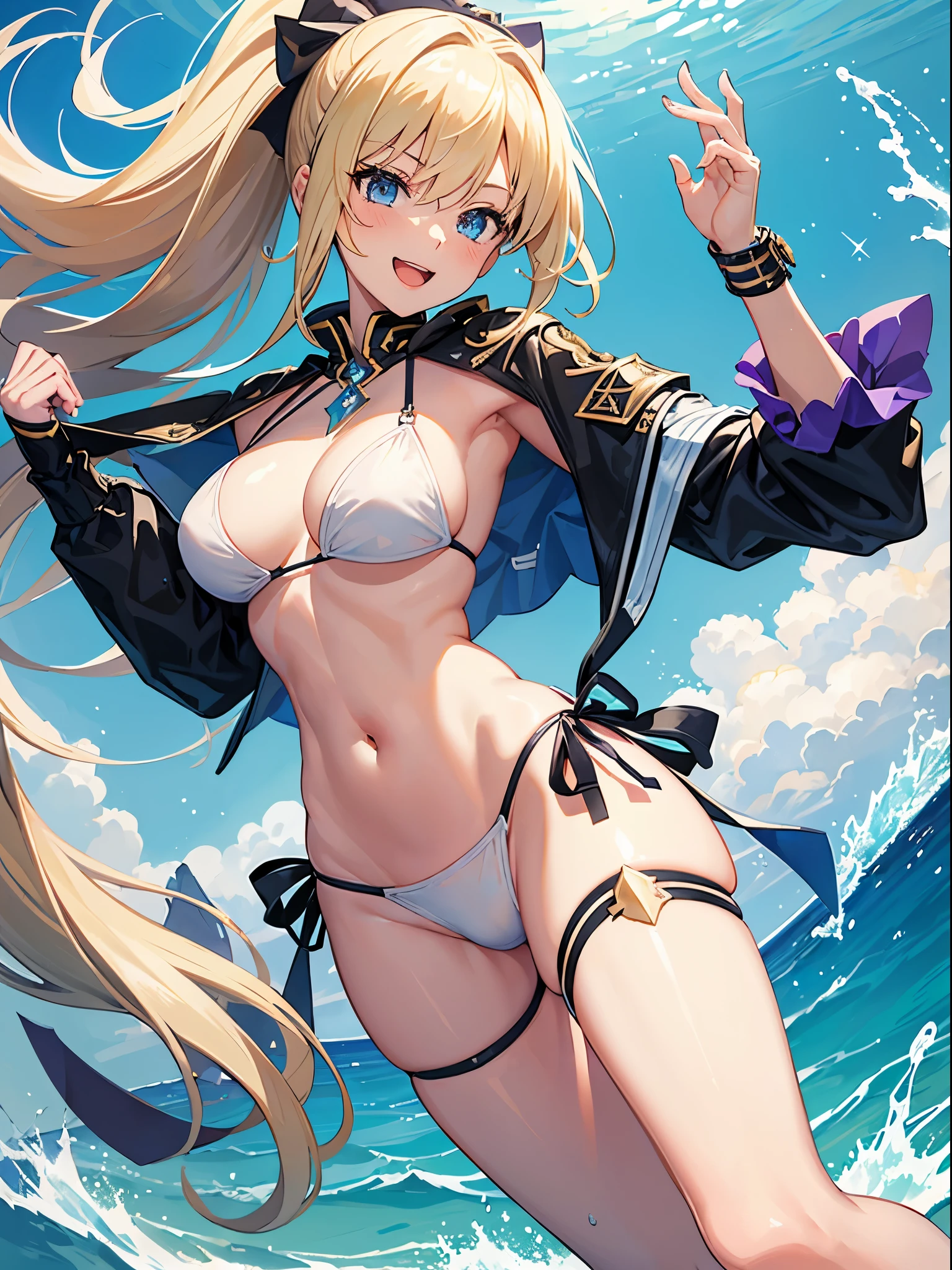 masterpiece,(ultra-detailed),1girl, mysterious heroine xx \(fate\), half_eyes,smile,open mouth, swimsuit, white bikini, side-tie bikini bottom, shrug \(clothing\), jacket,  thigh strap, wristband,  large_breasts, ocean, splashing,blonde_ponytail,open_legs,cap,happiness,