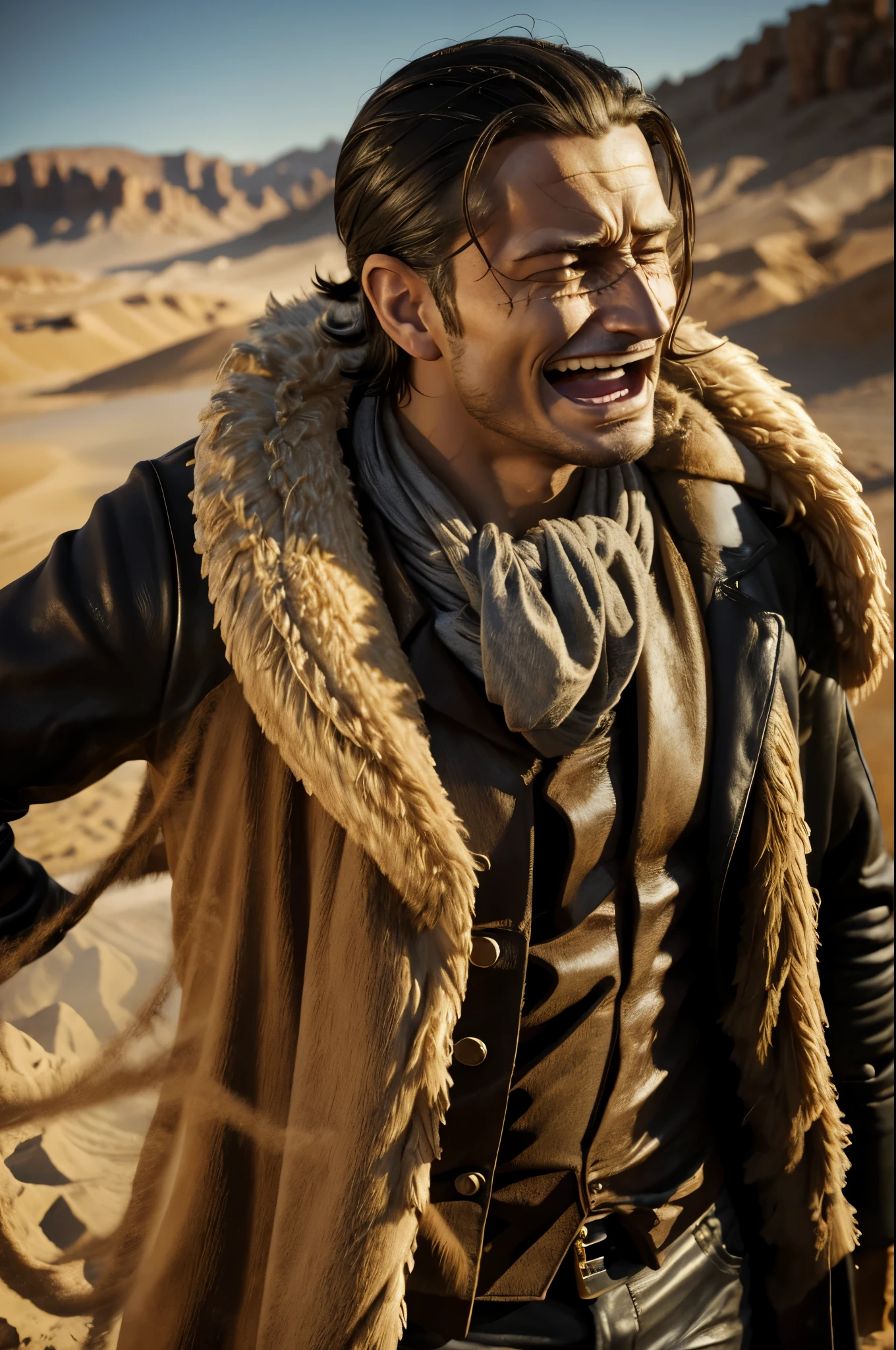 masterpiece, best quality, extremely detailed, hyperrealistic, photorealistic, a cool 40s man, ultra detailed face:1.2, fur-trimmed coat, scarf around the neck, his left hand is a golden pirate hook:1.1, laughing, sandstorm