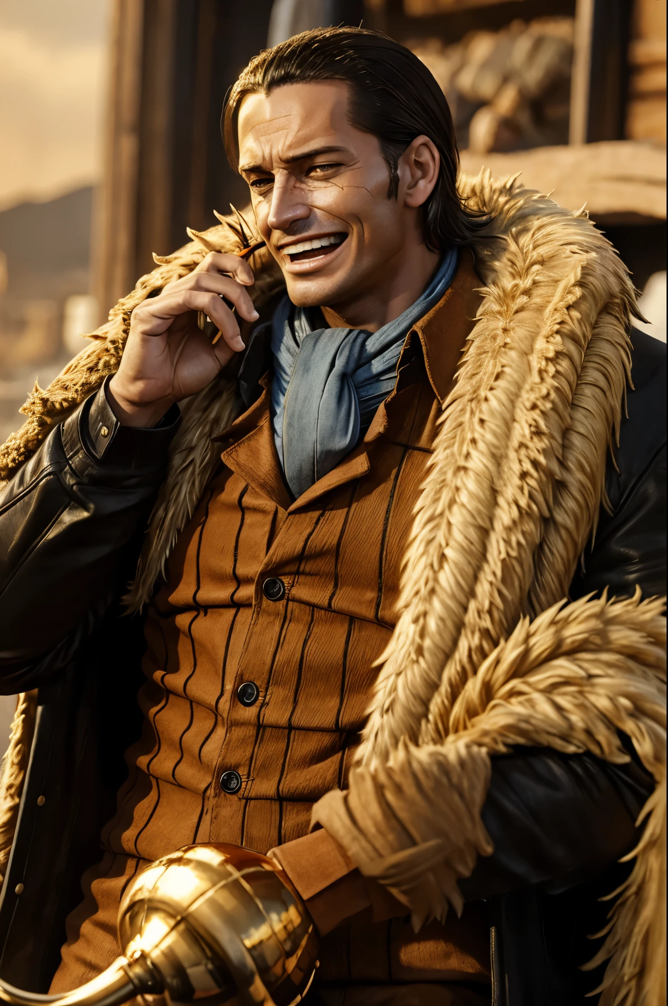 masterpiece, best quality, extremely detailed, hyperrealistic, photorealistic, a cool 40s man, ultra detailed face:1.2, fur-trimmed coat, scarf around the neck, his left hand is a golden pirate hook:1.1, laughing, sandstorm
